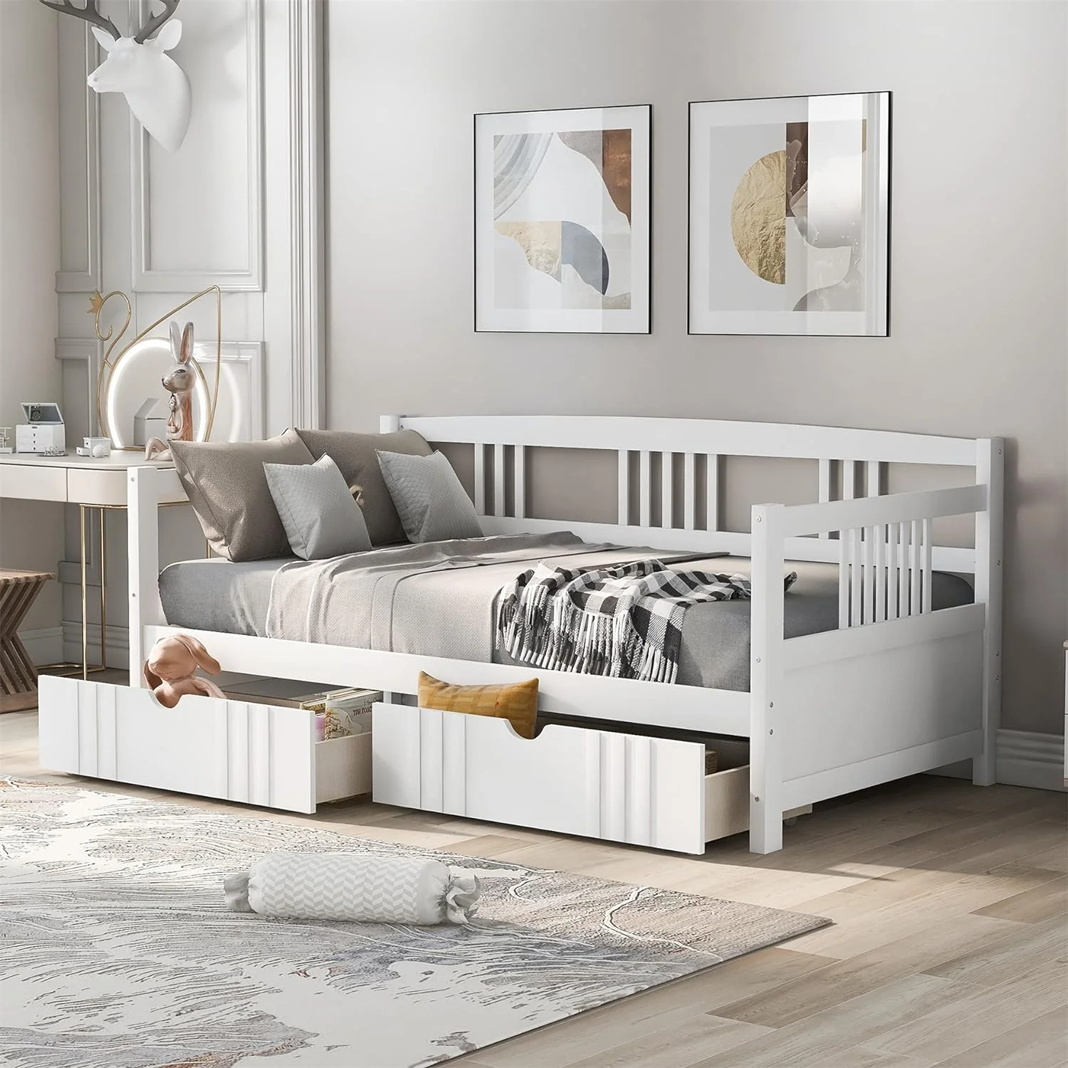 Size Daybed Frame Wih 2 Drawers, Wooden Sofa Bed For Bedroom Living Room, Wood Low Plaform Bed Wih Sorage Drawers, Bedroom Furniure For Kids eens (Whie)