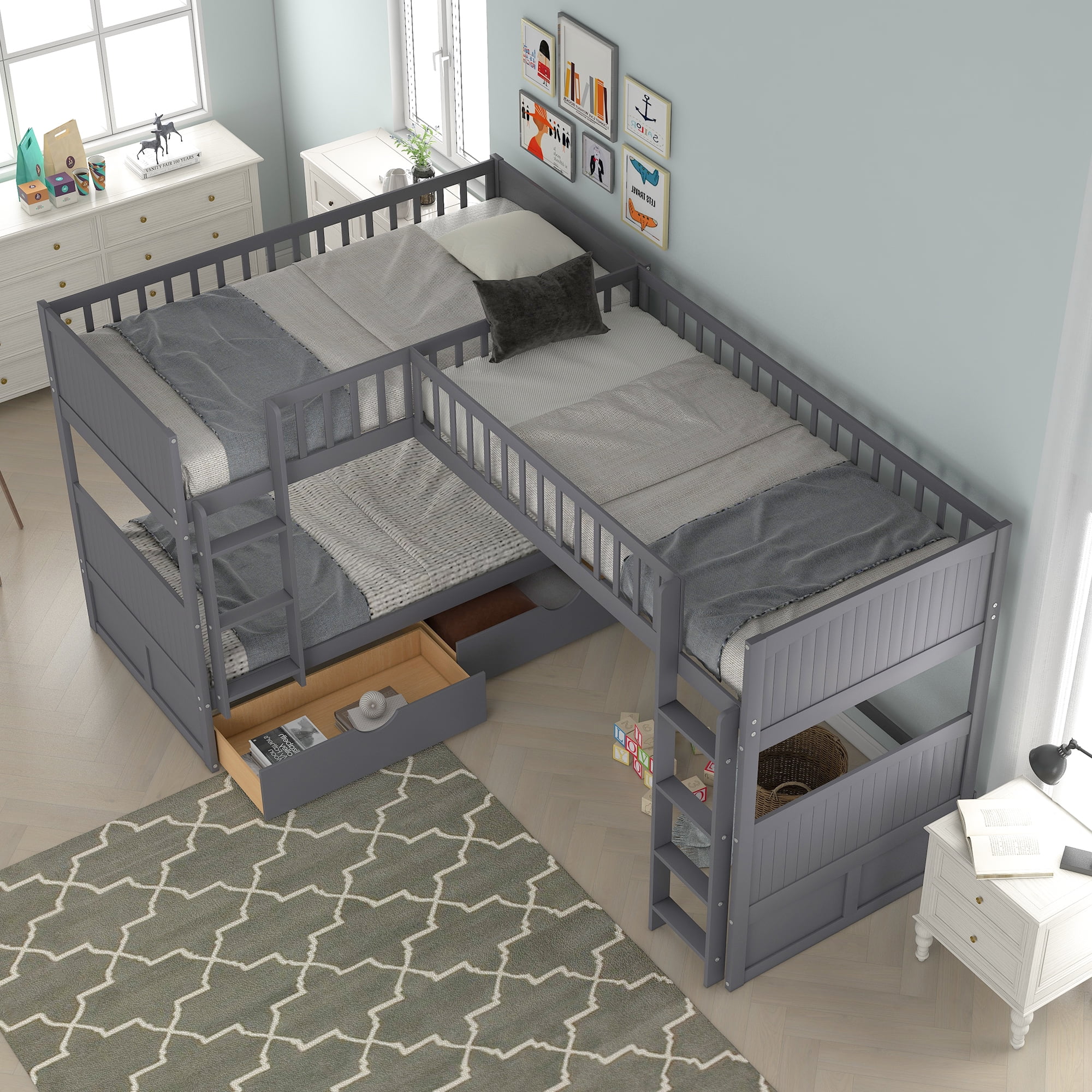 Euroco Twin Size L-Shaped Wood Triple Bunk Bed with Drawers for for Kids Bedroom, Gray