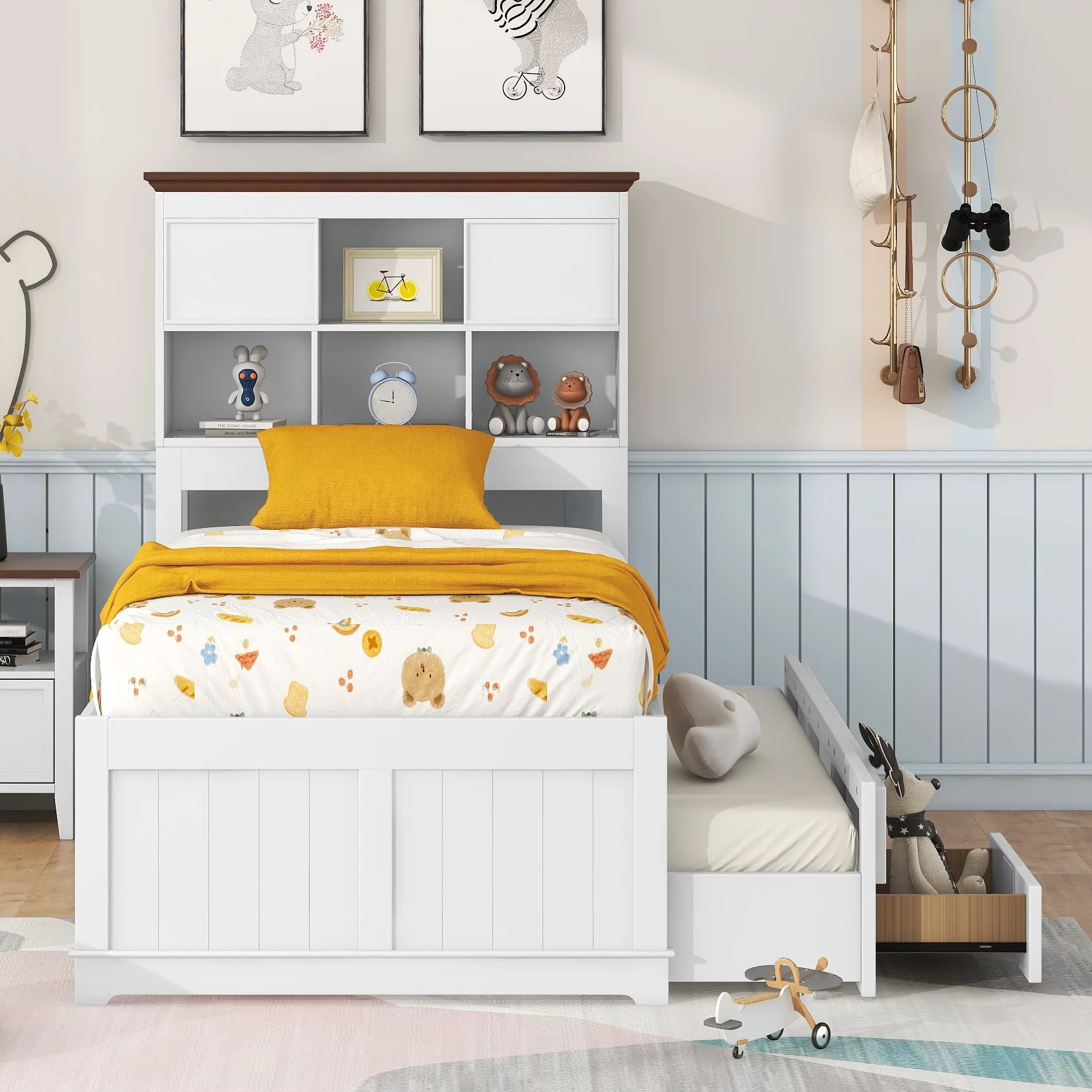 Bellemave Twin Bed with Drawers and Trundle, Wooden Captain Bed with Bookcase Headboard and Storage, Twin Size Platform Bed Kids Teens Adults(White+Walnut)