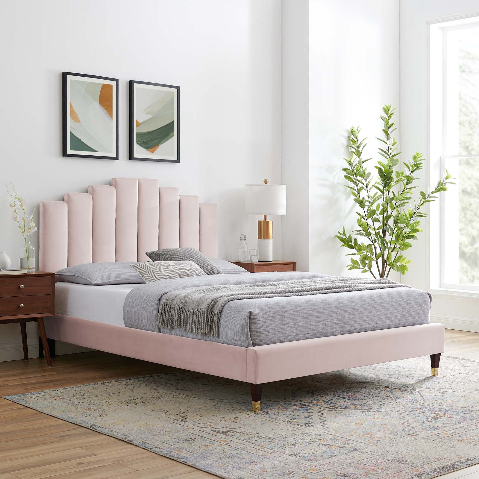 Modway Elise King Performance Velvet Platform Bed in Pink