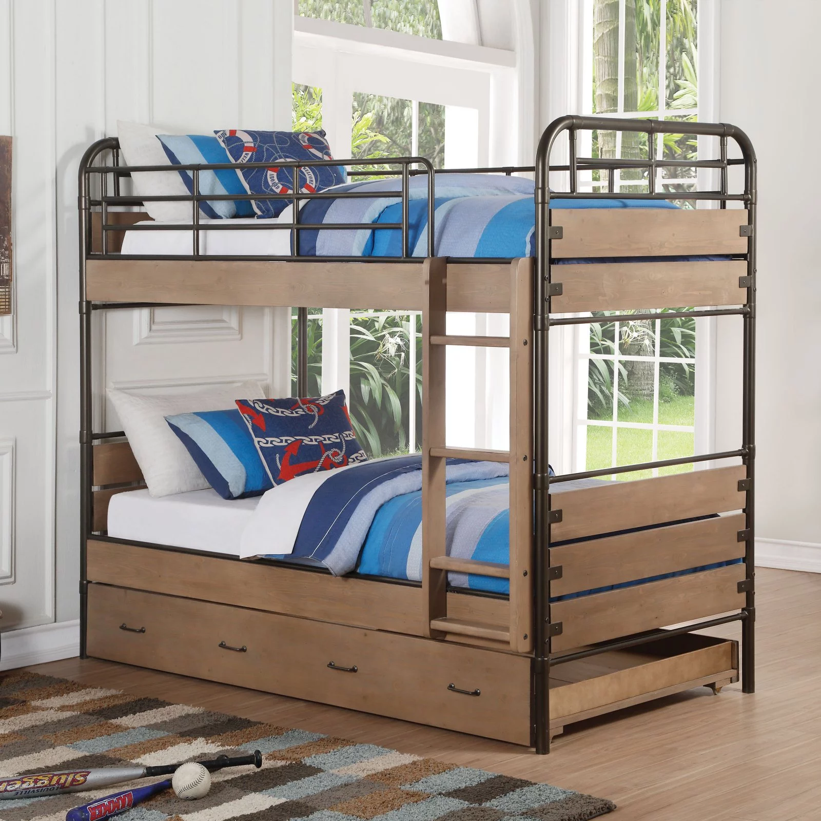 ACME Adams Twin Over Twin Bunk Bed with Trundle in Antique Oak