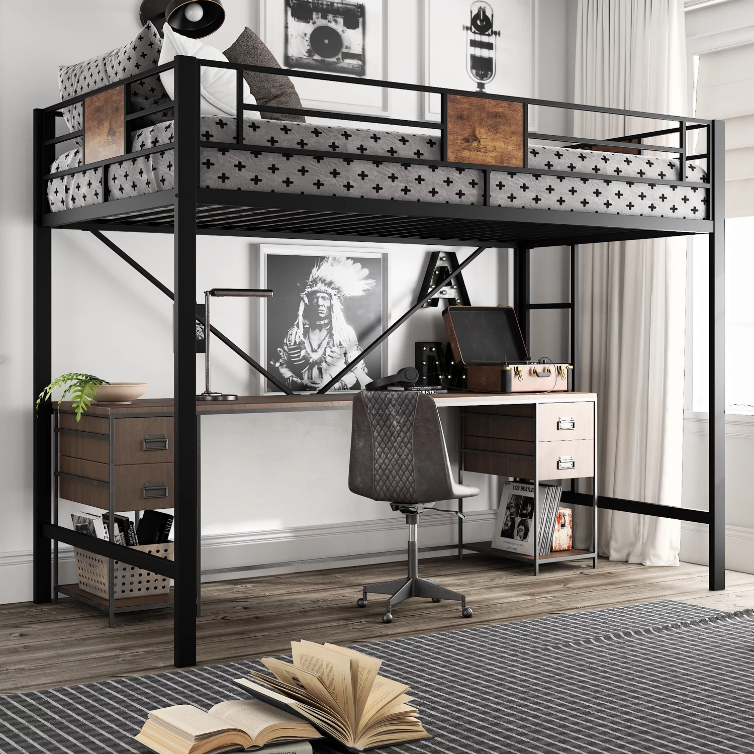 Amolife Metal Twin Size Loft Bed Frame with Stairs & Full-Length Guardrail, Rustic Wood, Black Frame (Desk not included)