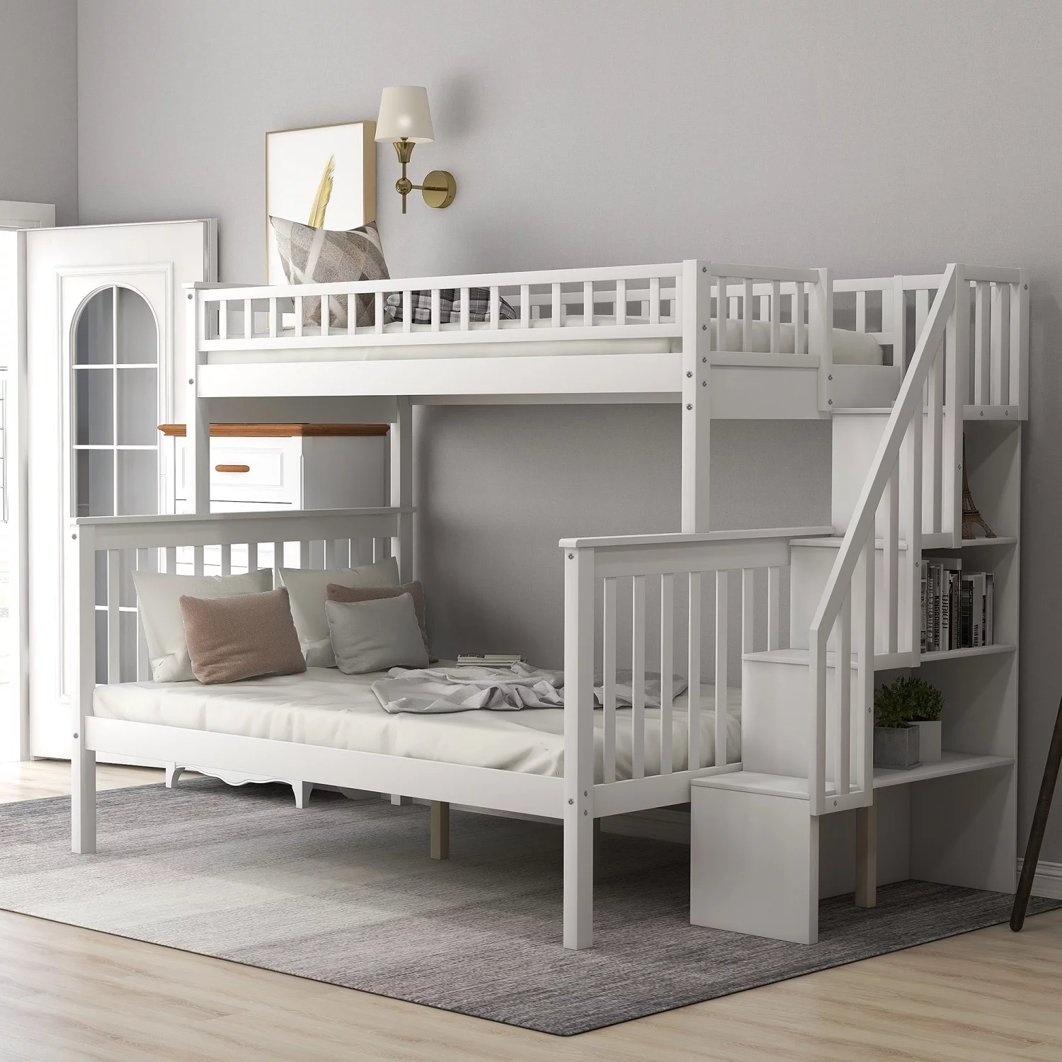 Stairway Bunk Beds Twin Over Full with Side Storage Shelves for Bedroom, Dorm, for Kids, Adults