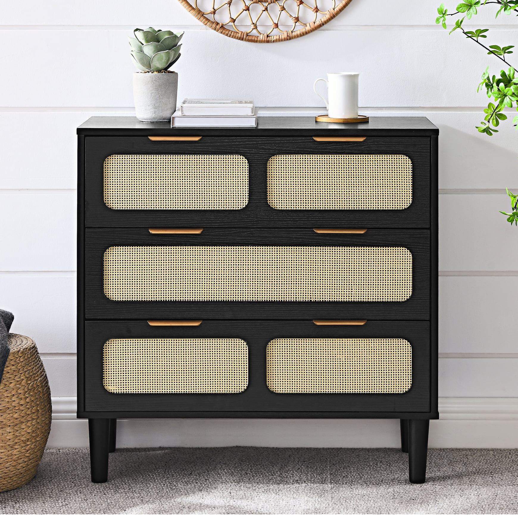 Melpomene Mid Century Modern Rattan Dresser with 3 Drawers,Wood Chest of Drawers with Gold Handles for Living Room, Entryway, Hallway