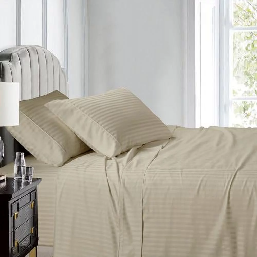Luxury 100% Cotton 600 Thread Count Sheets Damask Striped Bed Sheets Set - California King - Linen
