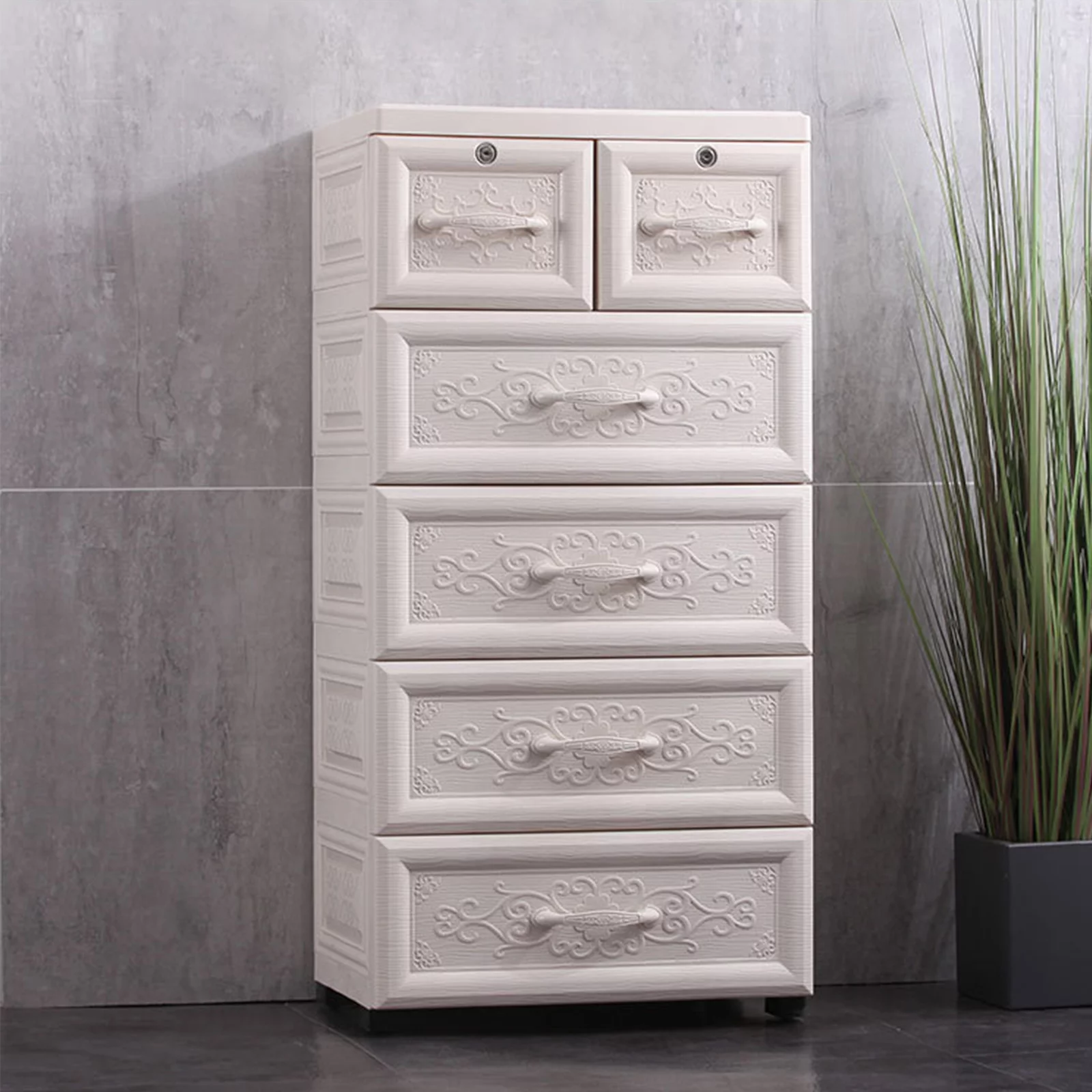 Loyalheartdy 6 Plastic Drawer Dresser Storage Cabinet Vertical Chest Bedroom Tower Closet Organizer Furniture White w/4 Wheels