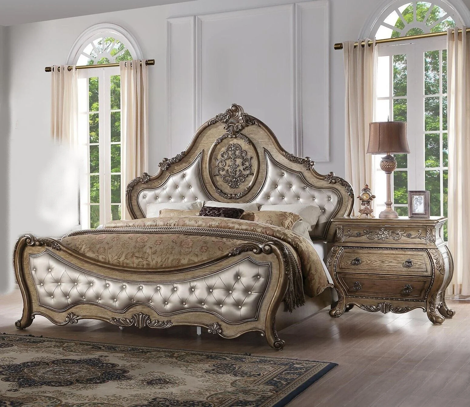 Luxurious Traditional Design 3pc set Queen Bed 2x Nightstands Formal Bedroom Vintage Oak Finish Tufted Headboard Footboard