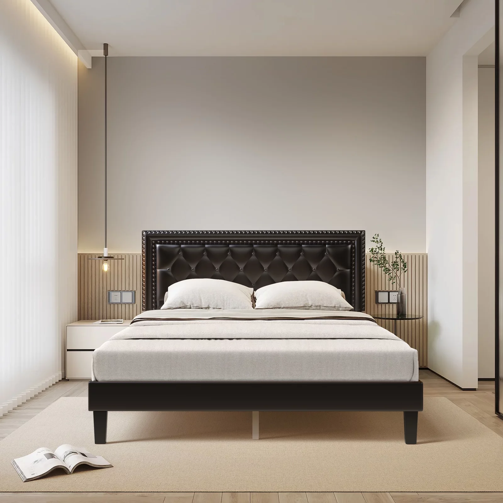 PU Leather Upholstered Platform Bed Frame / Mattress Foundation / Wood Slat Support / Easy Assembly, Full/Queen Size Black