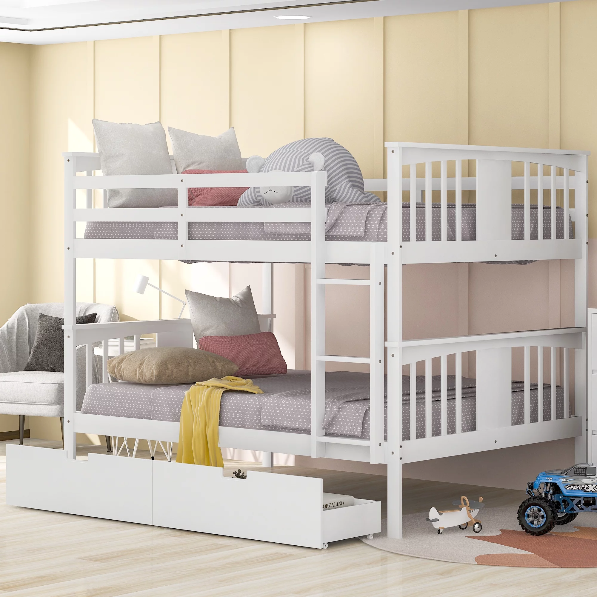 CoSoTower Full Over Full Bunk Bed With Drawers And Ladder For Bedroom, Guest Room Furniture-White
