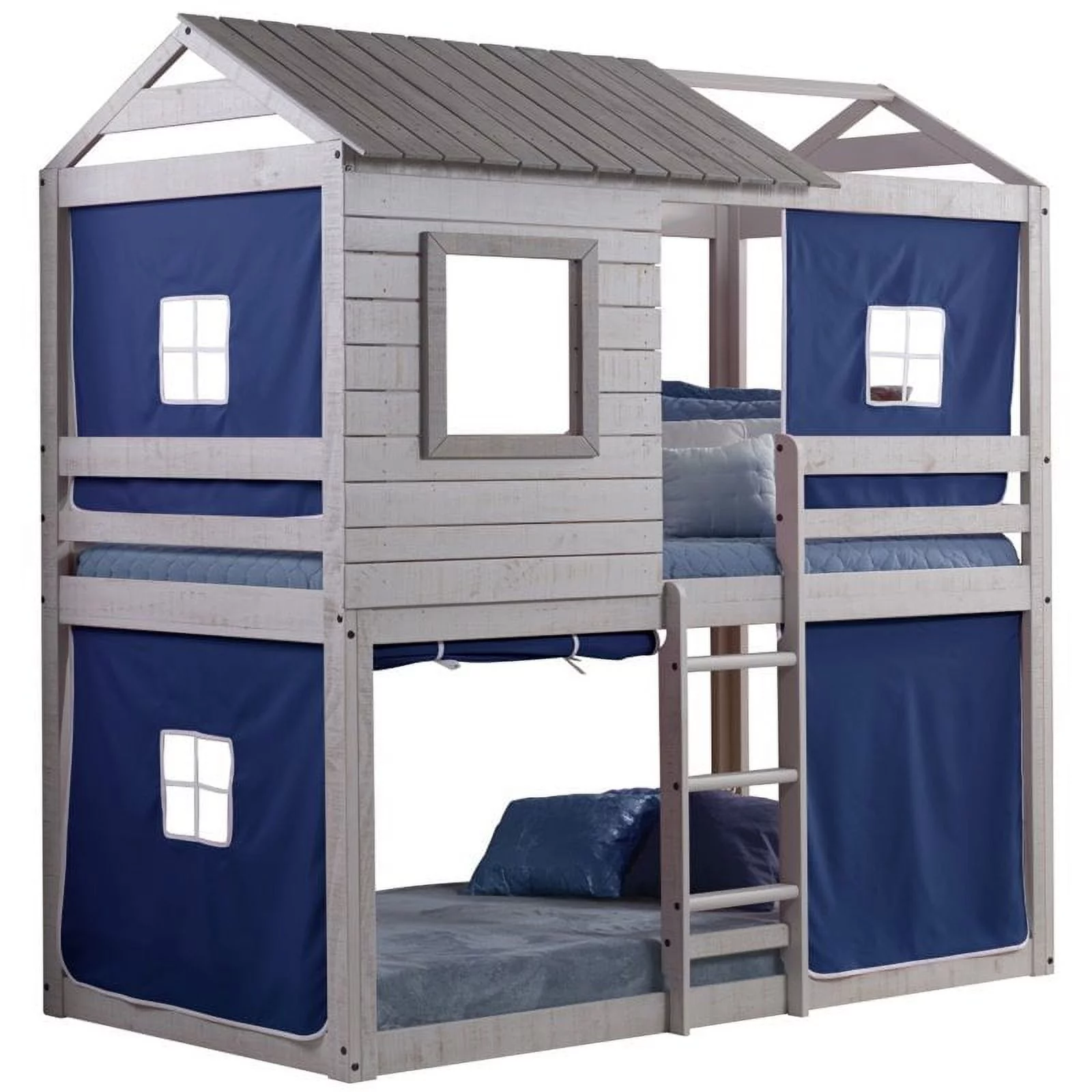 Pemberly Row Twin Over Twin Solid Wood Bunk Bed with Blue Tent in Gray