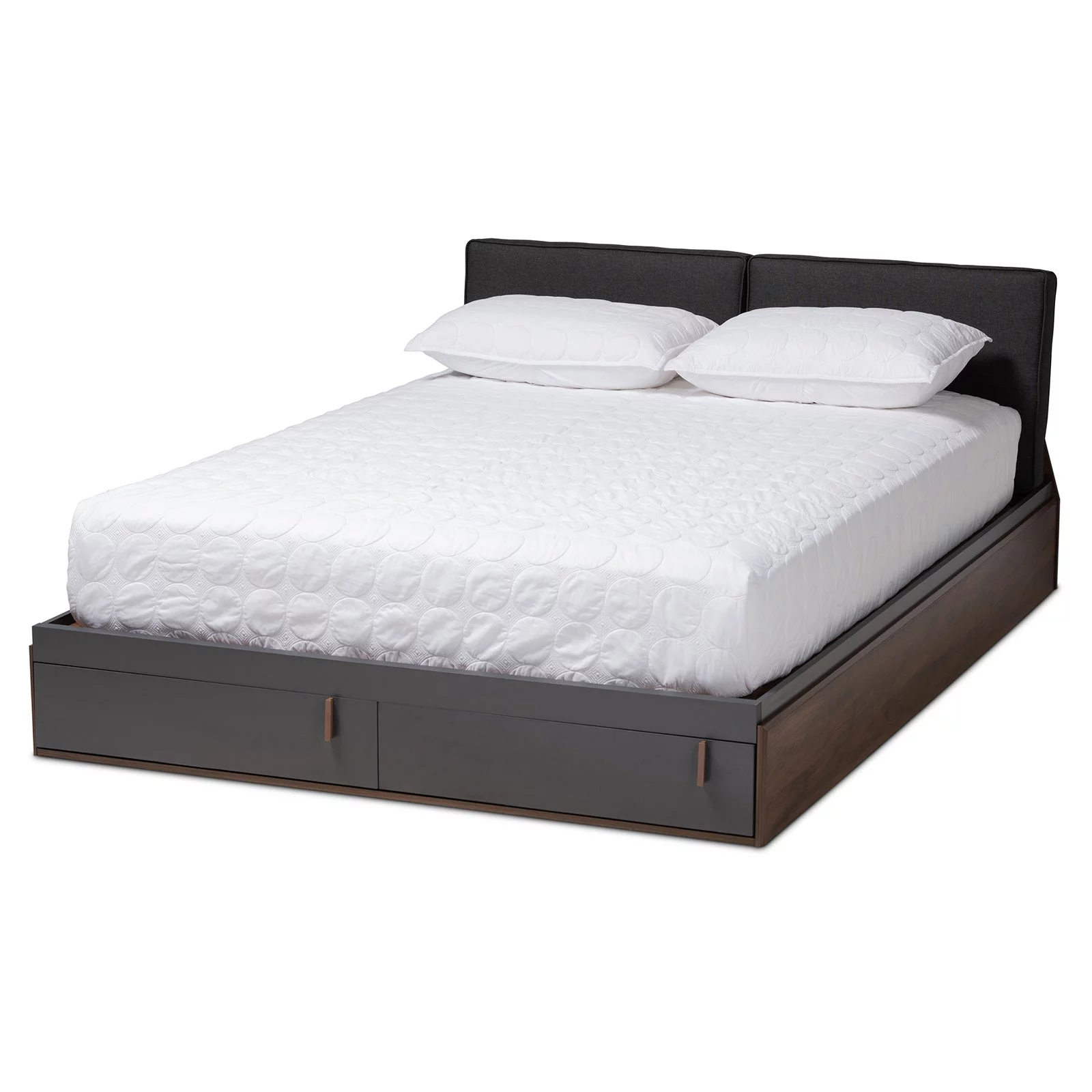 Baxton Studio Rikke Modern and Contemporary Two-Tone Gray and Walnut Finished Wood Queen Size Platform Storage Bed with Gray Fabric Upholstered Headboard