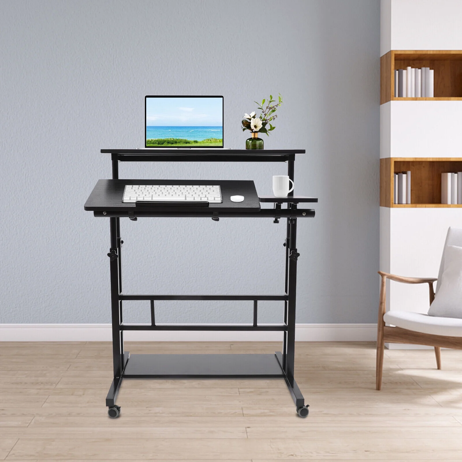 SHZICMY Rolling Laptop Desk Rectangular Stand Up Desk Adjustable Sofa Bedside Computer Table with Wheel 66lbs Black