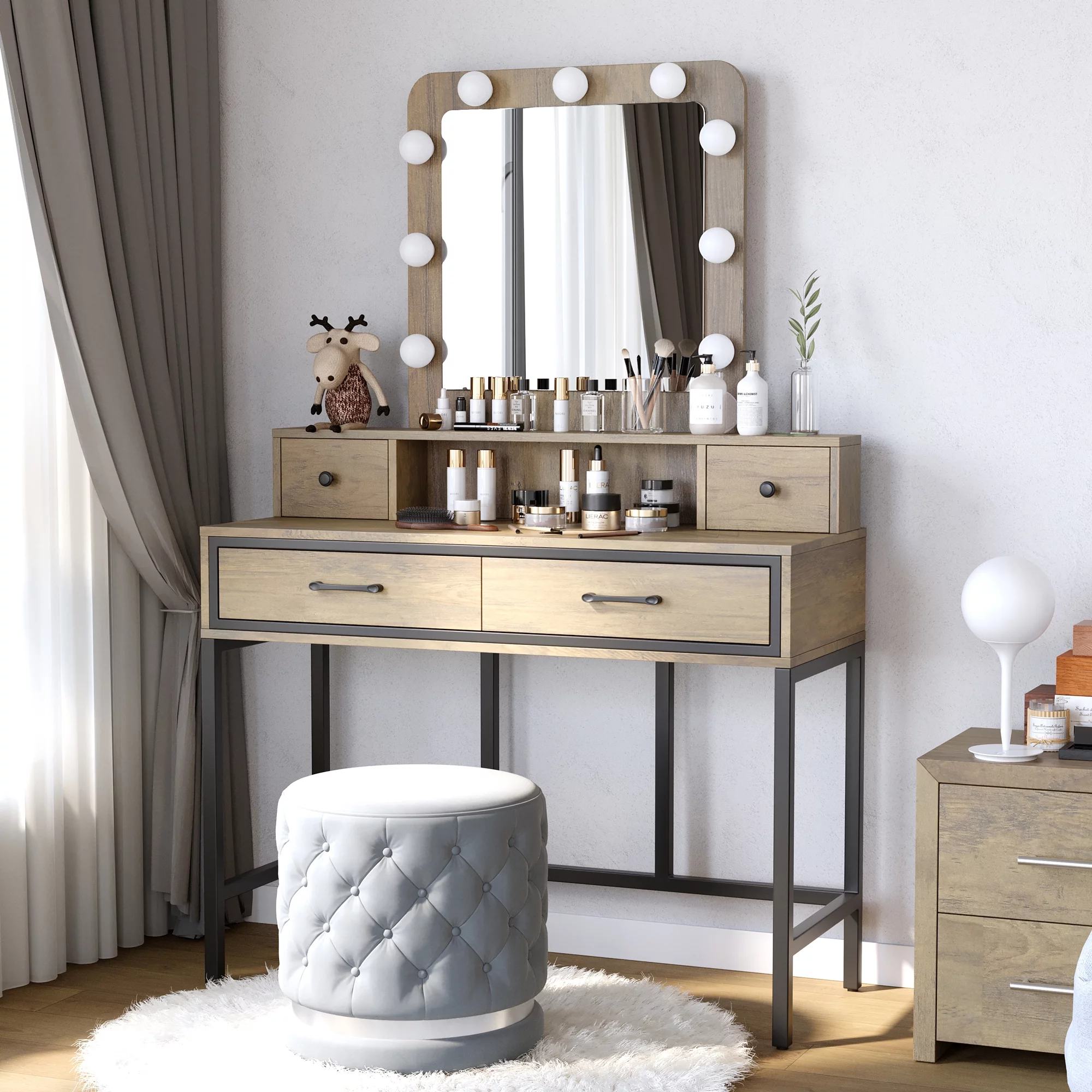 RoyalCraft Makeup Vanity with 3 Color Dimmable Lighted Hollywood Mirror, Makeup Vanity Table with 4 Drawers , Brown