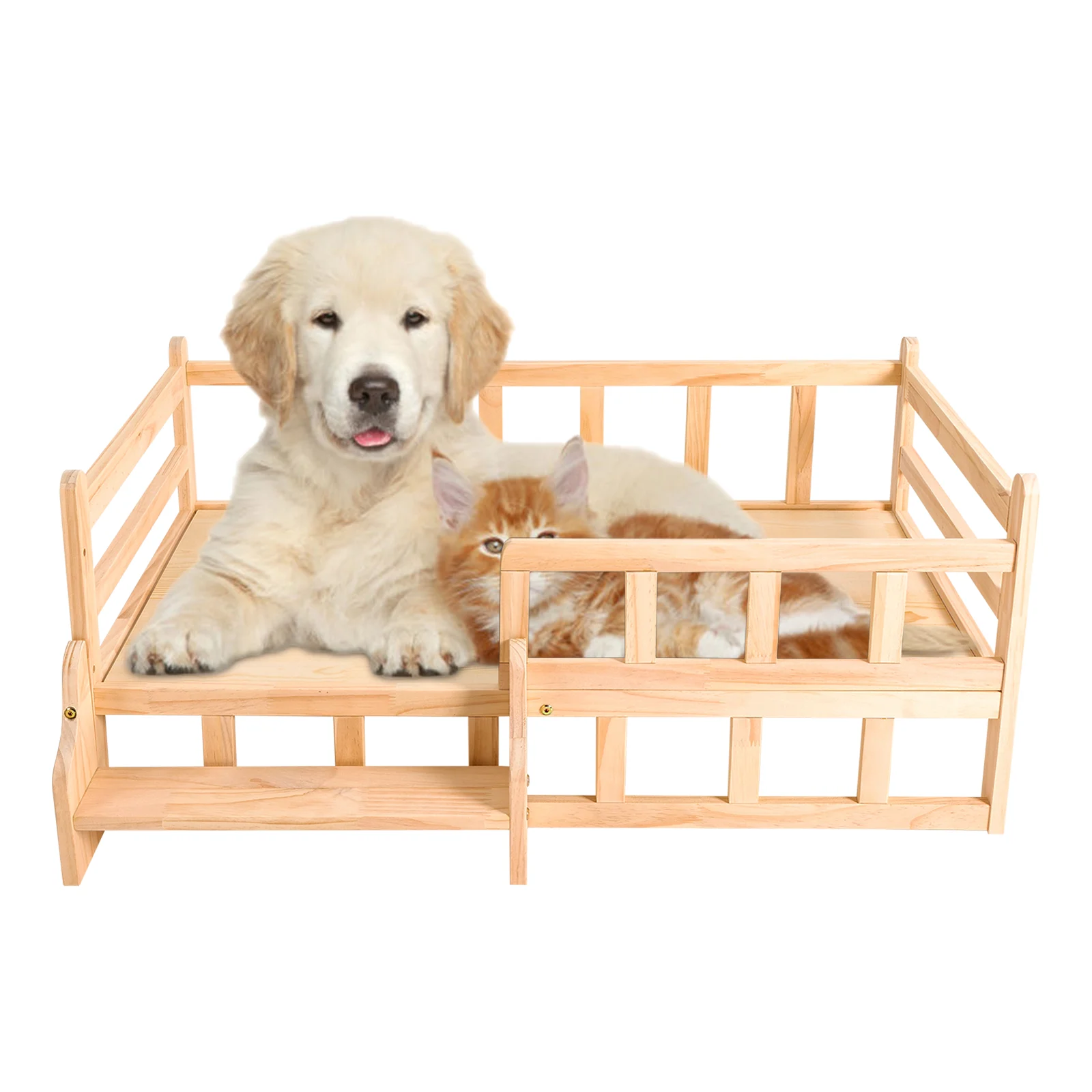 96*56cm Solid Pine Wood Dog Bed Frame Elevated Dog Cat Bed Wood Pet Bed