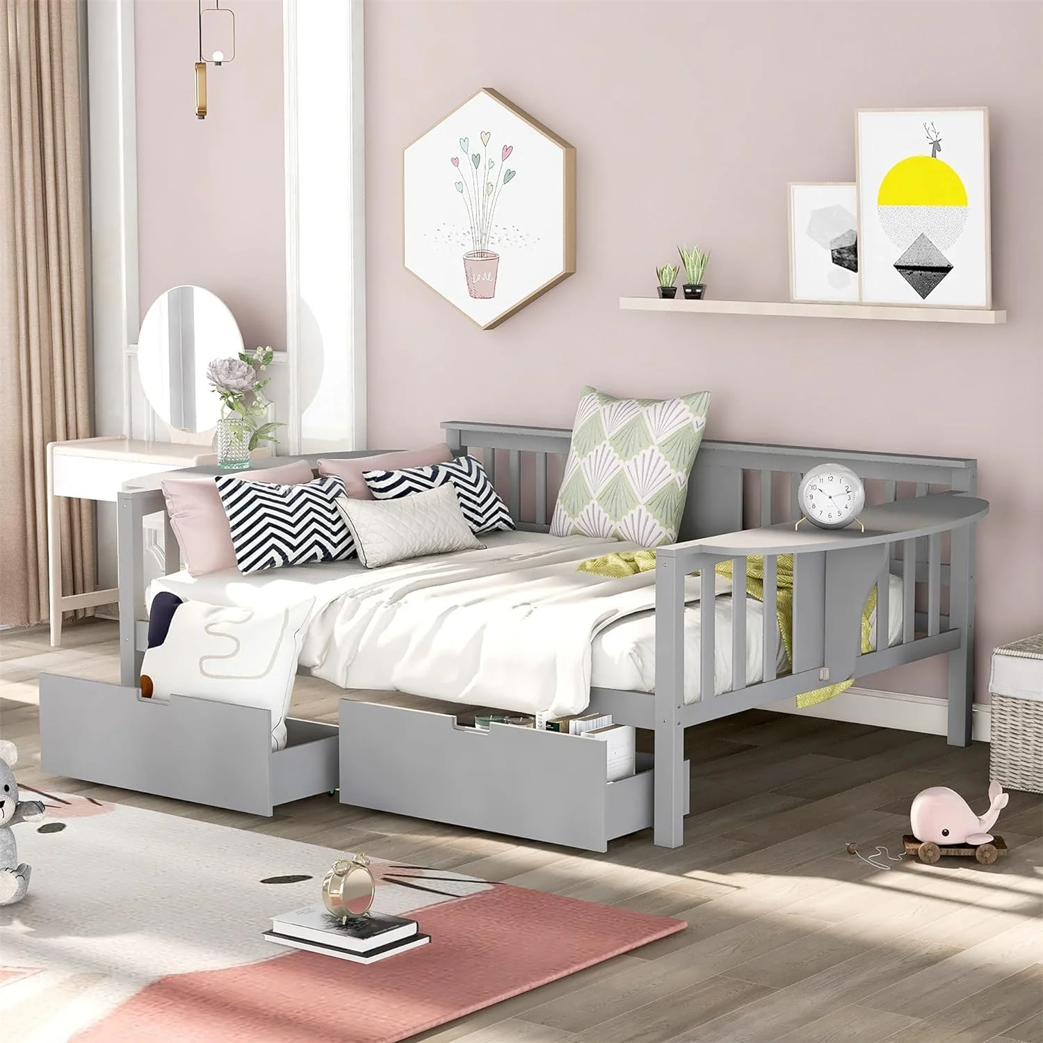 Full Size Daybed Wih Sorage Drawers, Wood Daybed Frame For Kids ees Guess. o Box Sprig eeded, Bedroom Livig Room Furiure, Gray