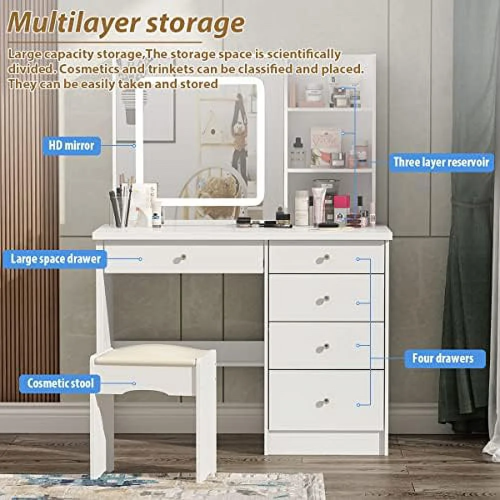 Large Vanity Table Set Makeup Vanity Dressing Table with Mirror  5 Drawers & Shelves  Dresser Desk and Cushioned Stool Set (White Lighted Mirror)