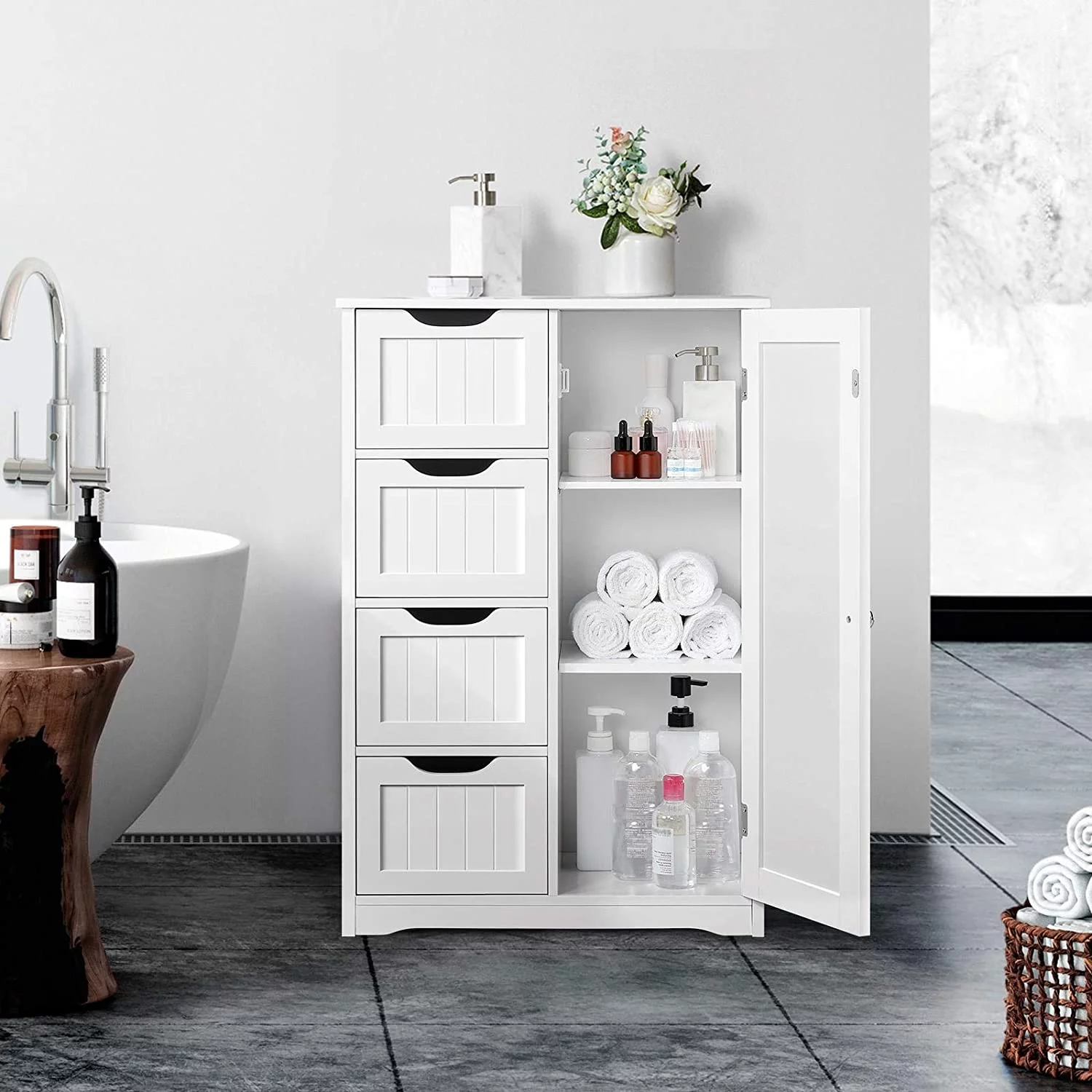 NLIBOOMLife Chest of Drawers Bedroom with 4 Drawers White Floor Cabinet Living Room Bathroom Kitchen Cabinet Entrance Hallway 56 x 30 x 82 cm