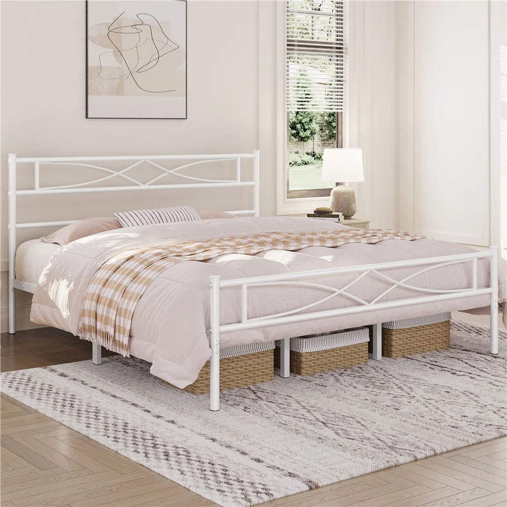 Topeakmart Metal King Bed Frame with Curved Design Headboard and Footboard, White