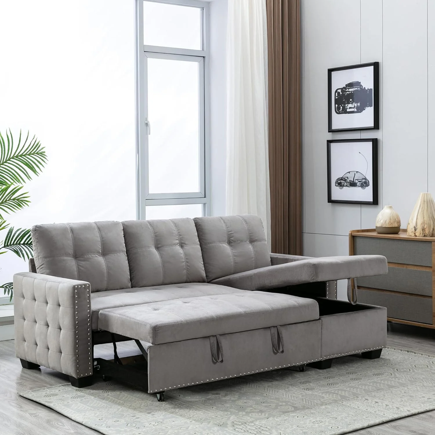 Pull Out Sleeper Reversible Sectional Storage Sofa Bed,Convertible Velvet Corner Sofa Bed And L-Shape 2 Seat Sectional Chaise With Storage,Sleeper Sofa For Living Room
