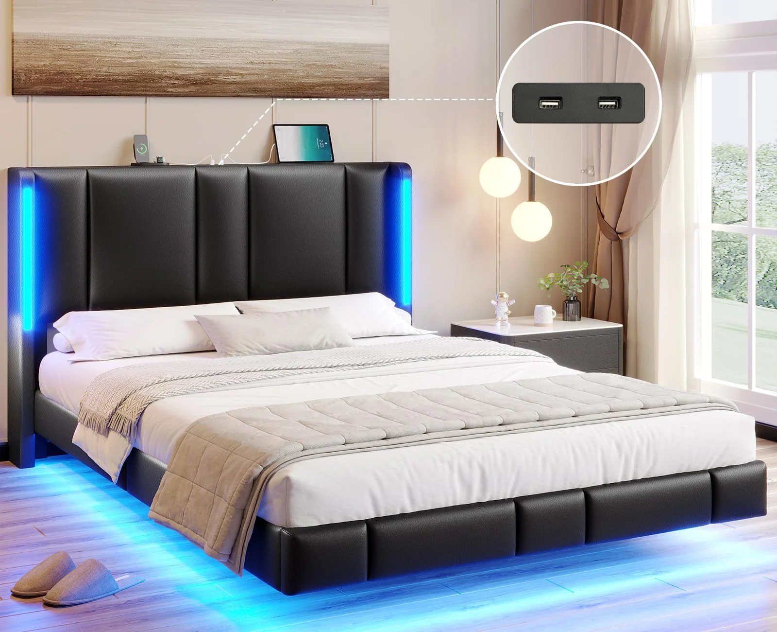 Floating Bed Frame Queen Size with LED Lights and 2 USB Charging Station, Faux Leather Upholstered Platform Bed Frame for Bedroom, No Box Spring Needed, Black