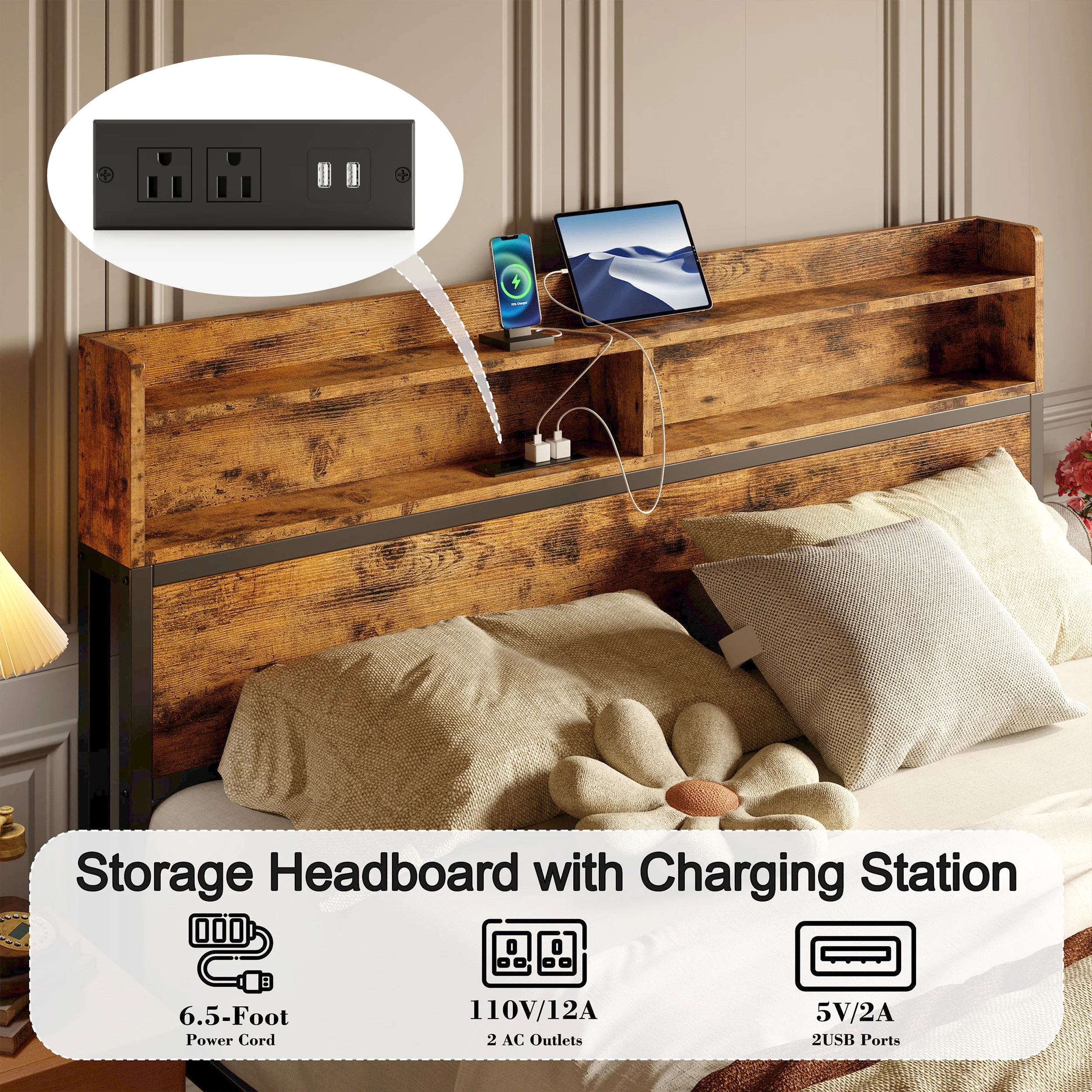 IRONCK Full Platform Bed Frame with Storage Headboard, Charging Station and 2 Under-bed Drawers