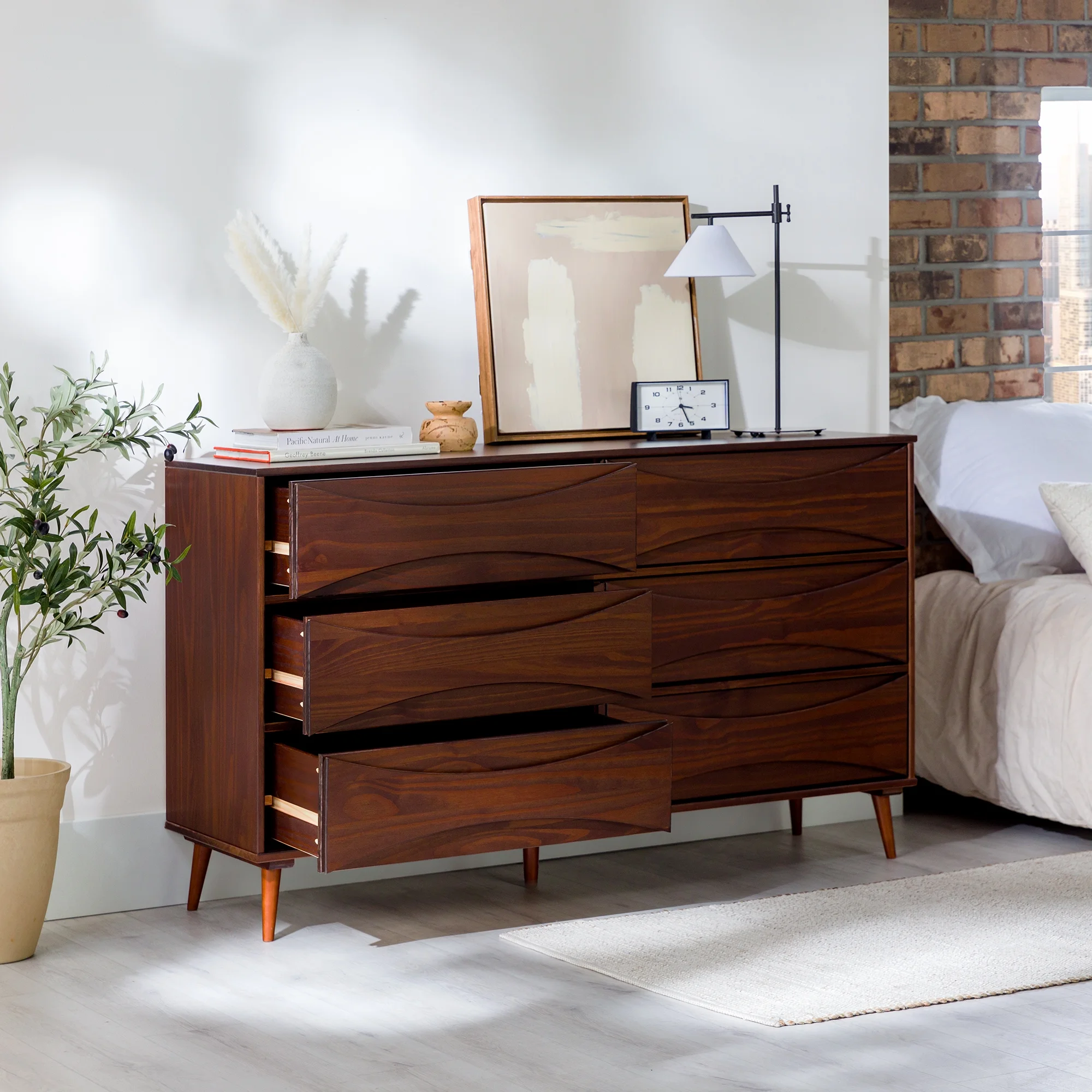 Walker Edison 58” Mid-Century Modern Curved Front 6-Drawer Dresser, Walnut