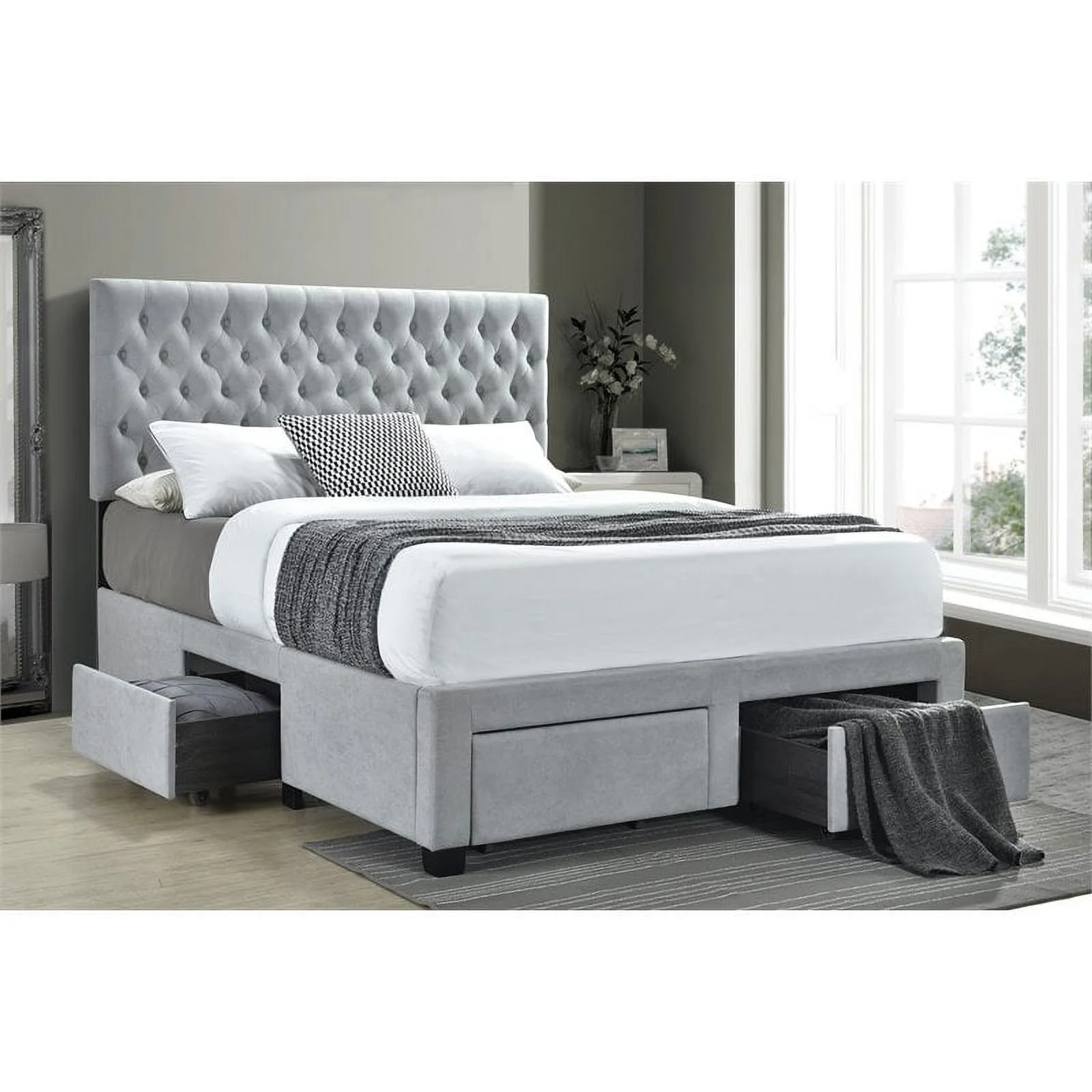 Pemberly Row Full 4 Drawer Button Tufted Storage Bed in Beige
