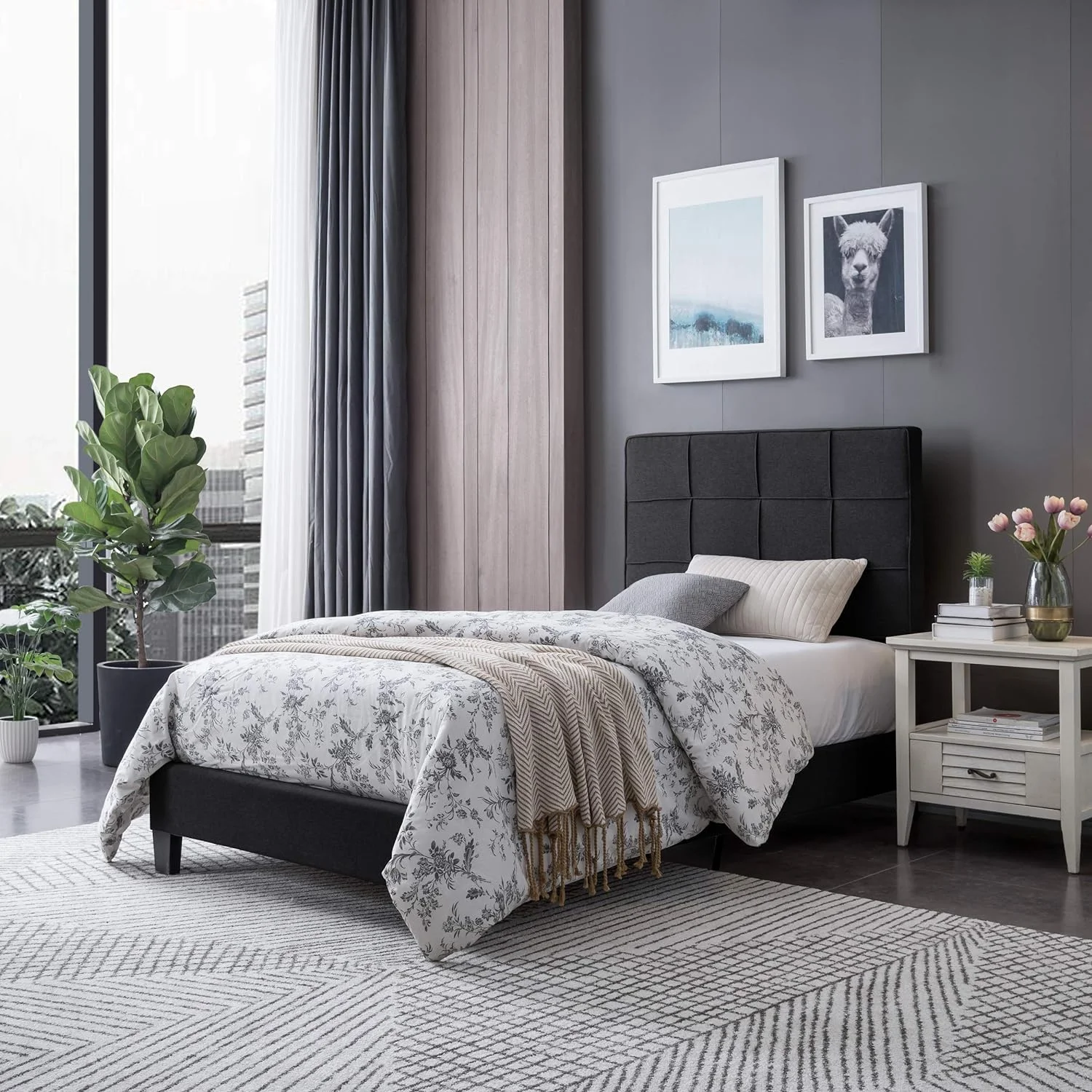 Nancy Contemporary Upholstered Bed Platform, Black