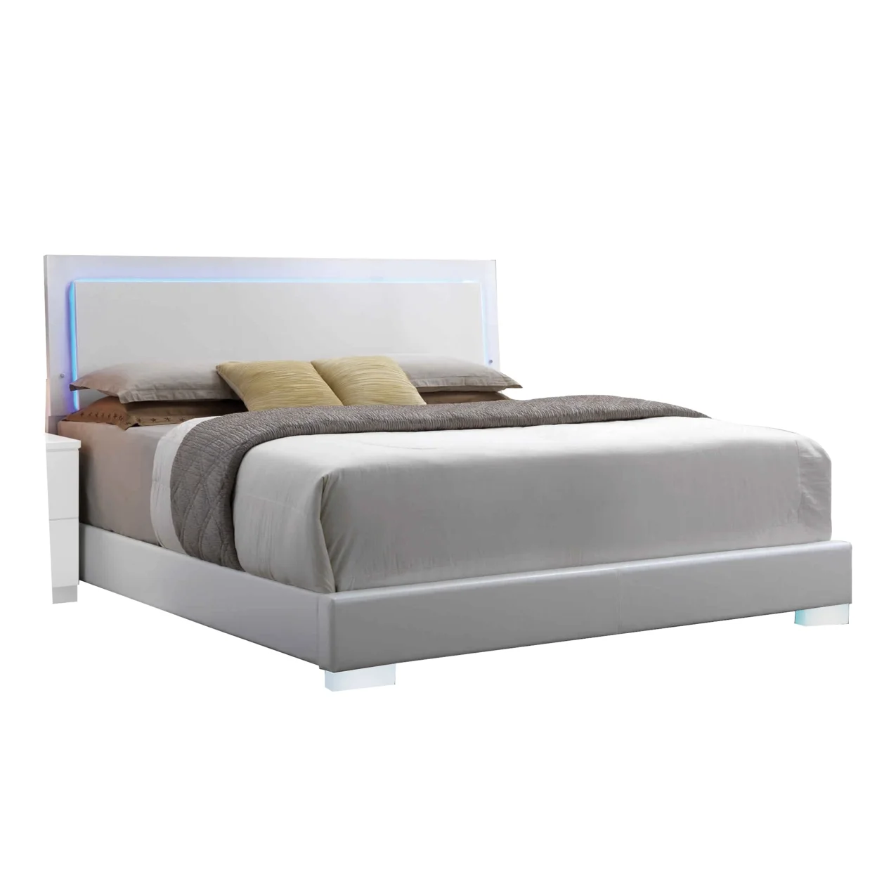 Leatherette Eastern King Bed with LED Panel Headboard and Chrome LegsWhite- Saltoro Sherpi