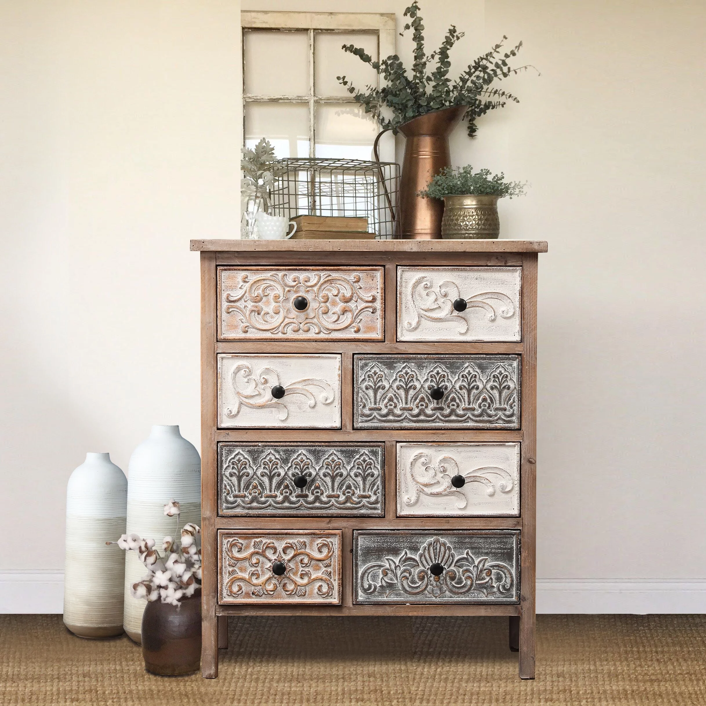 The Curated Nomad Brewa Varied Rustic Carved Wood 8-Drawer Chest - 32.09