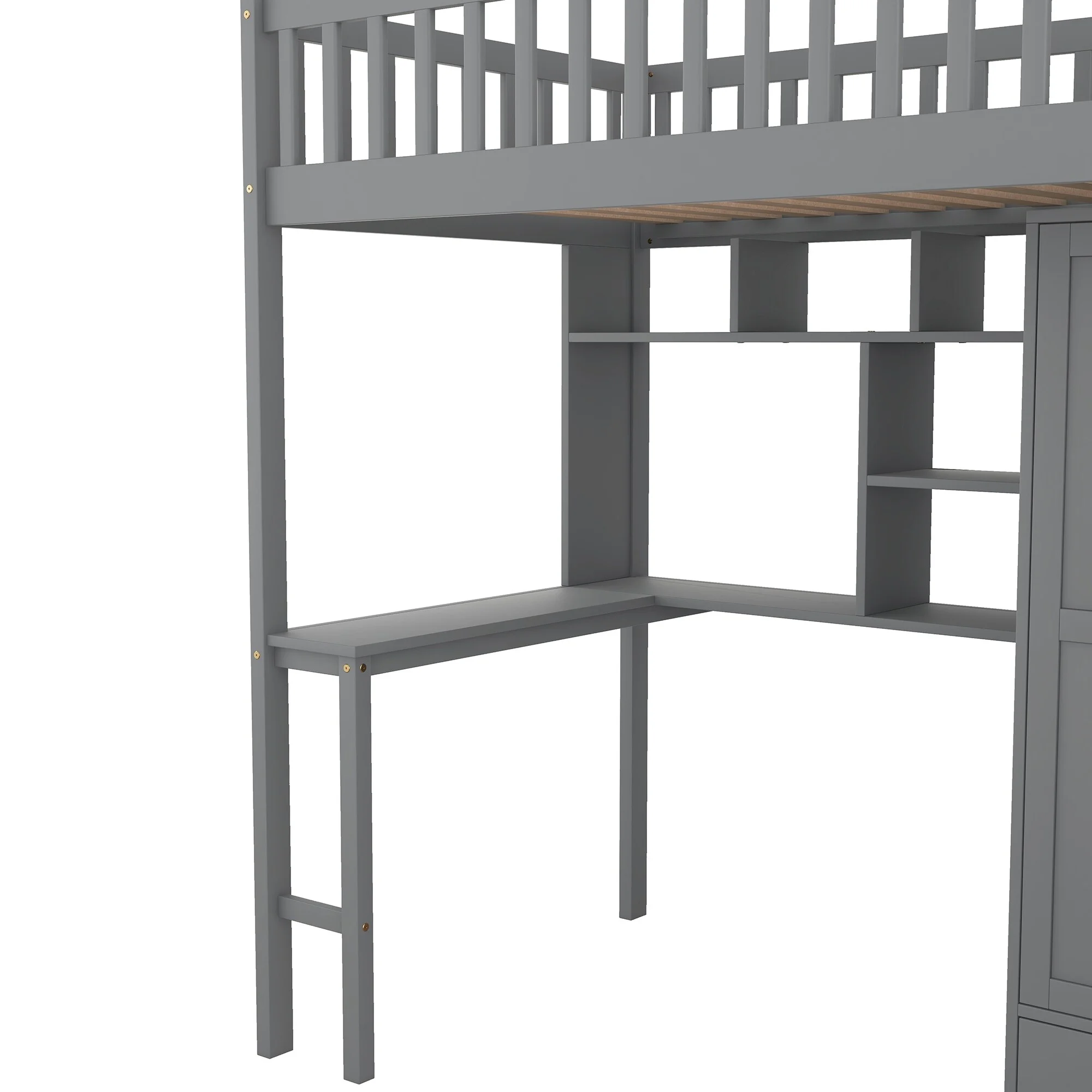Impressive Fence-Shaped Loft Bed with Wardrobe & Desk, Stairway Pine Wood Frame with Bookshelf & Drawers Grey - Twin