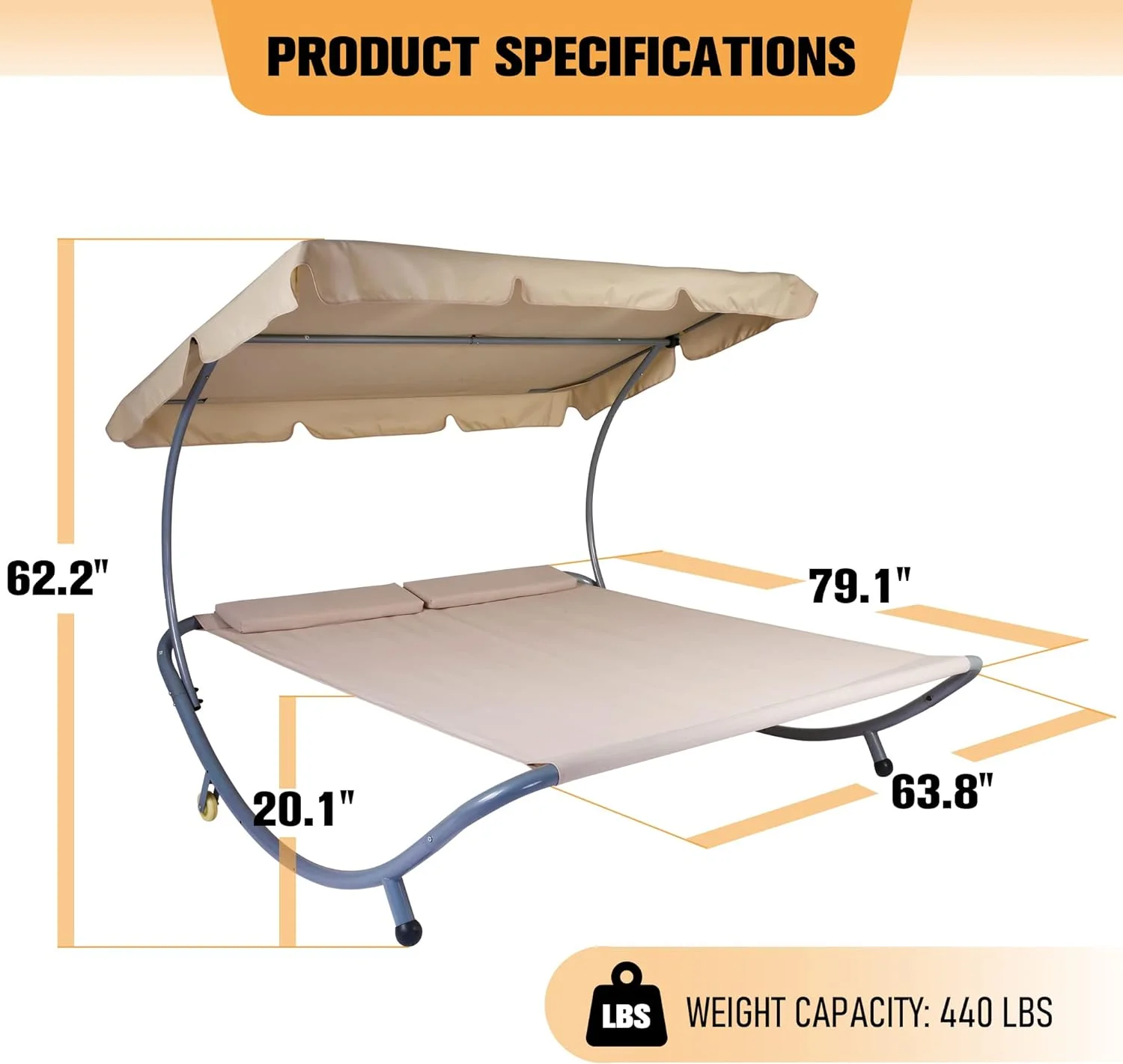 Patio Double Chaise Lounge Bed With Adjustable Canopy, Outdoor Hammock Daybed With Wheels And Pillows For 2 Person, Extra Large Patio Hammock Bed For Garden Lawn Backyard, Beige