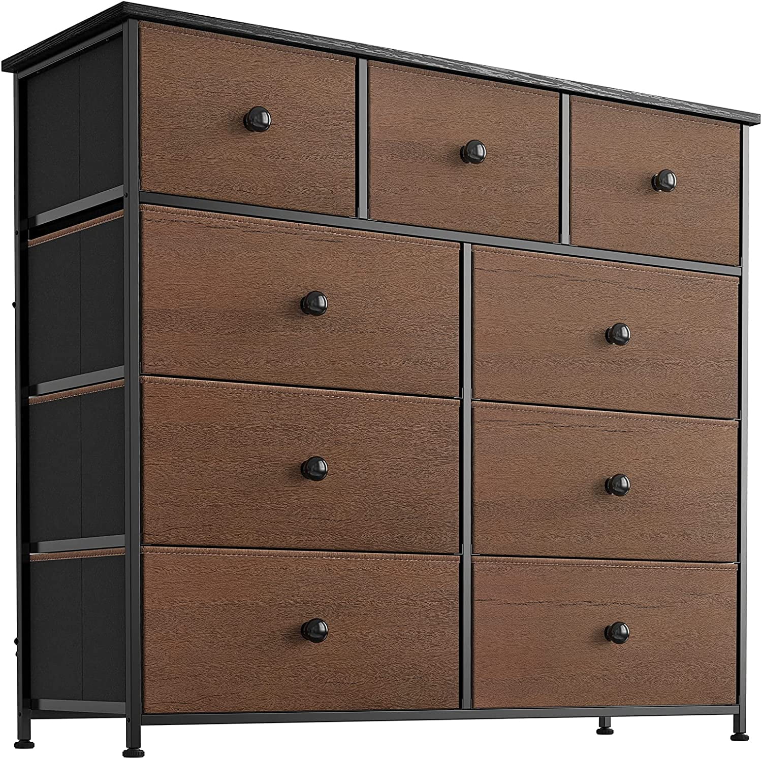9 Drawer Steel Frame Bedroom Organizer Chest Dresser with Waterproof Top Adjustable Feet and Wall Safety Attachment Espresso