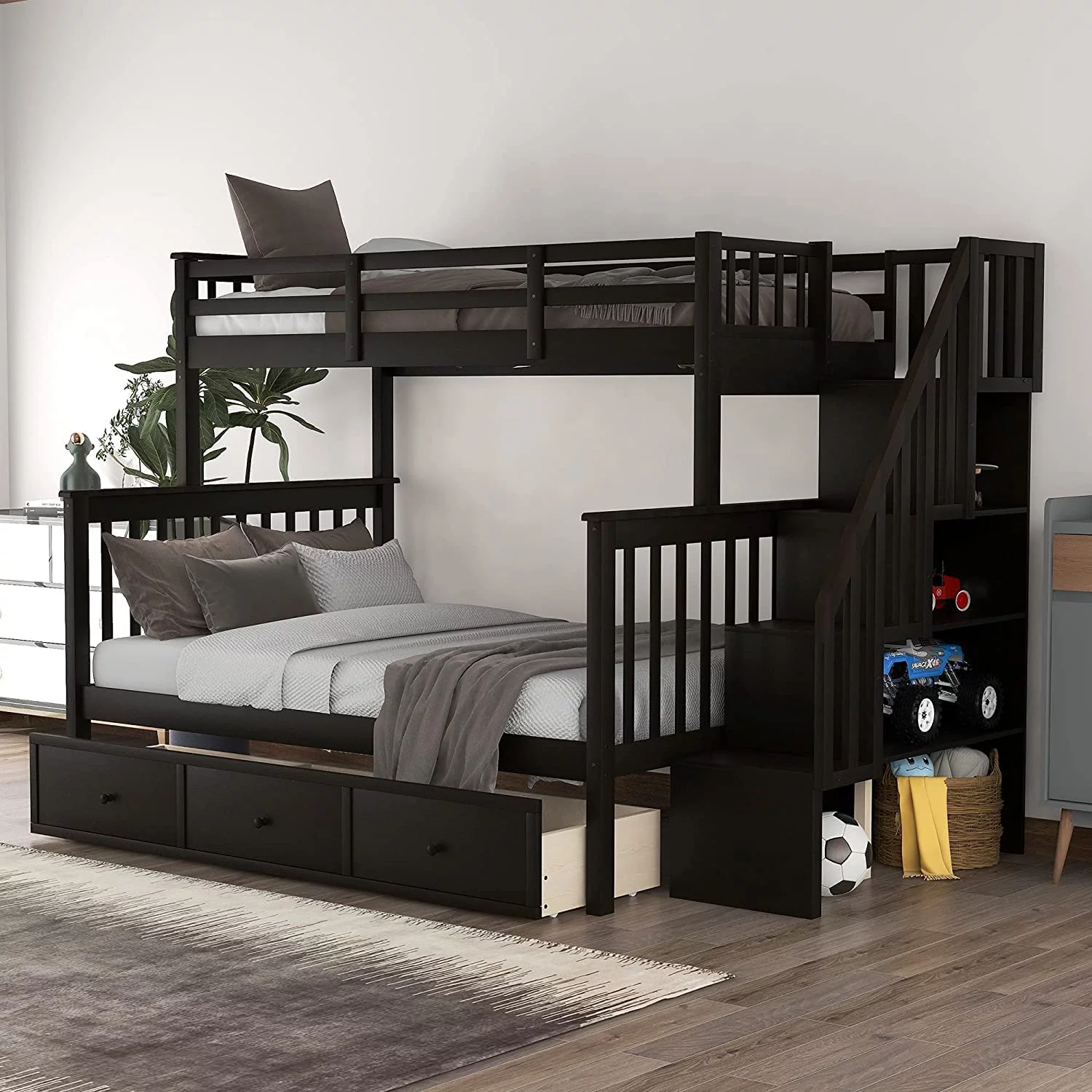 Over Full Buk Bed With Stairs, Wood Buk Bed Frame With Storage Drawers Ad Shelves, o Box Sprig eeded (Espresso)