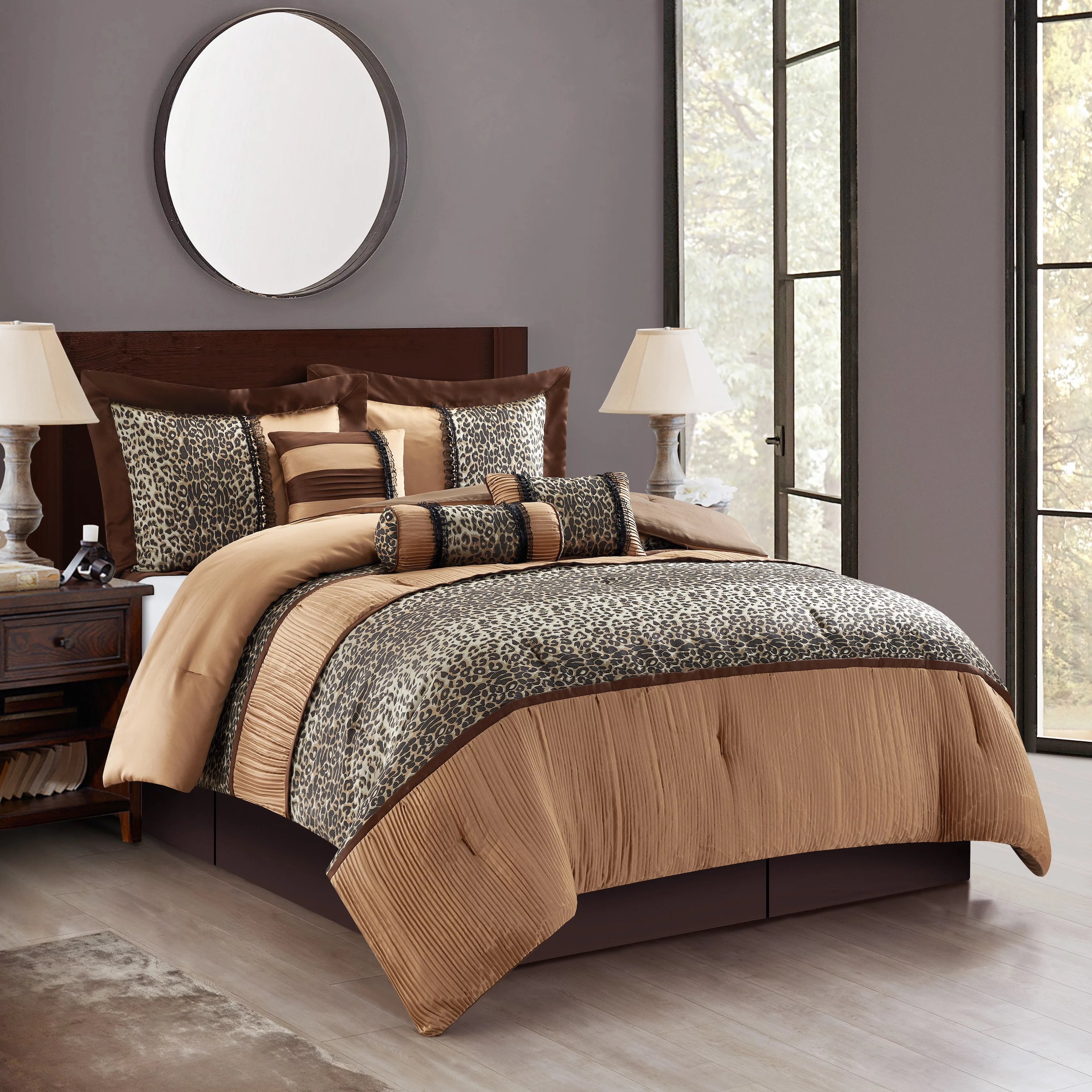 Lanco Percy Leopard Print 7-Piece Comforter Bedding Set, Brown, Bed Size King, Fill Polyester, Abstract