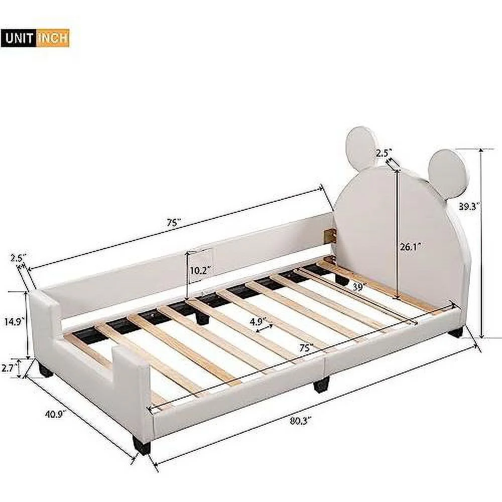 Size Upholstered Daybed With Mouse Carton Ears Shaped Headboard, Wooden Daybed Frame For Bedroom Living Room(White)