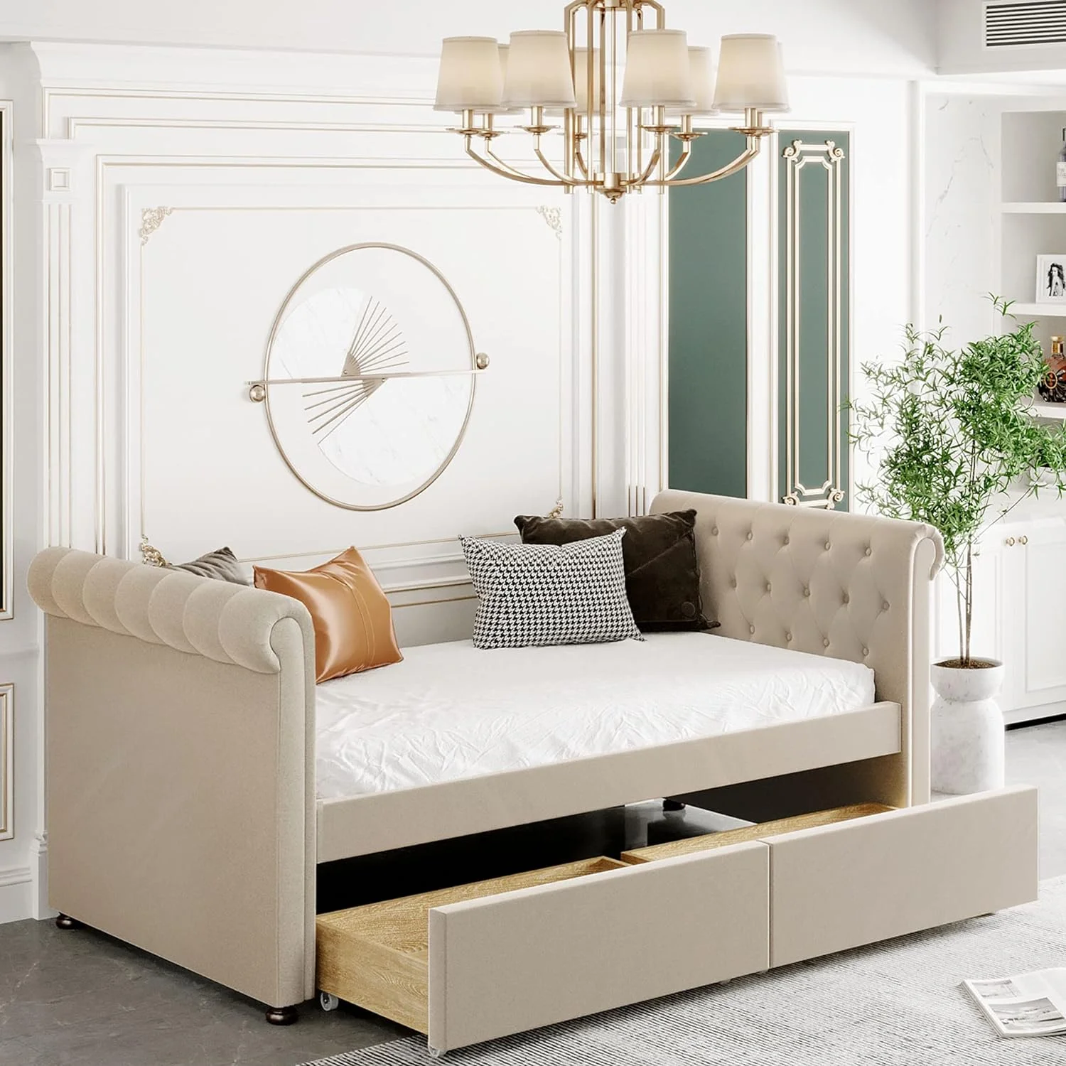 Upholstered Daybed With Drawers, Size Bed Frame With Wood Slat Support,Wood Daybed Frame With Storage,No Box Spring Needed (Beige With 2 Drawers)