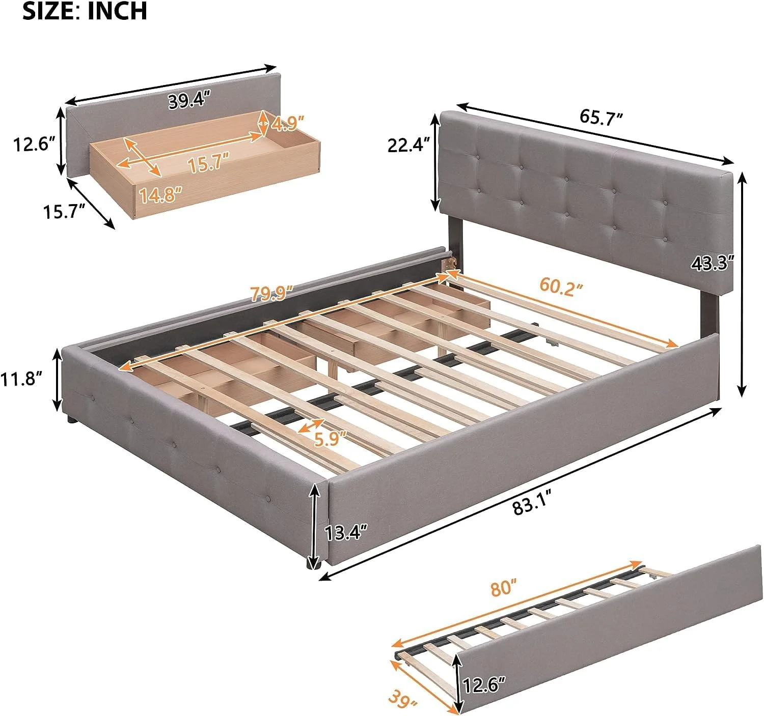 Upholstered Queen Size Platform Bed With 2 Storage Drawers And 1 XL Trundle, Wood Queen Storage Bed With Linen Fabric For Bedroom Guestroom (Queen,Light Gray)