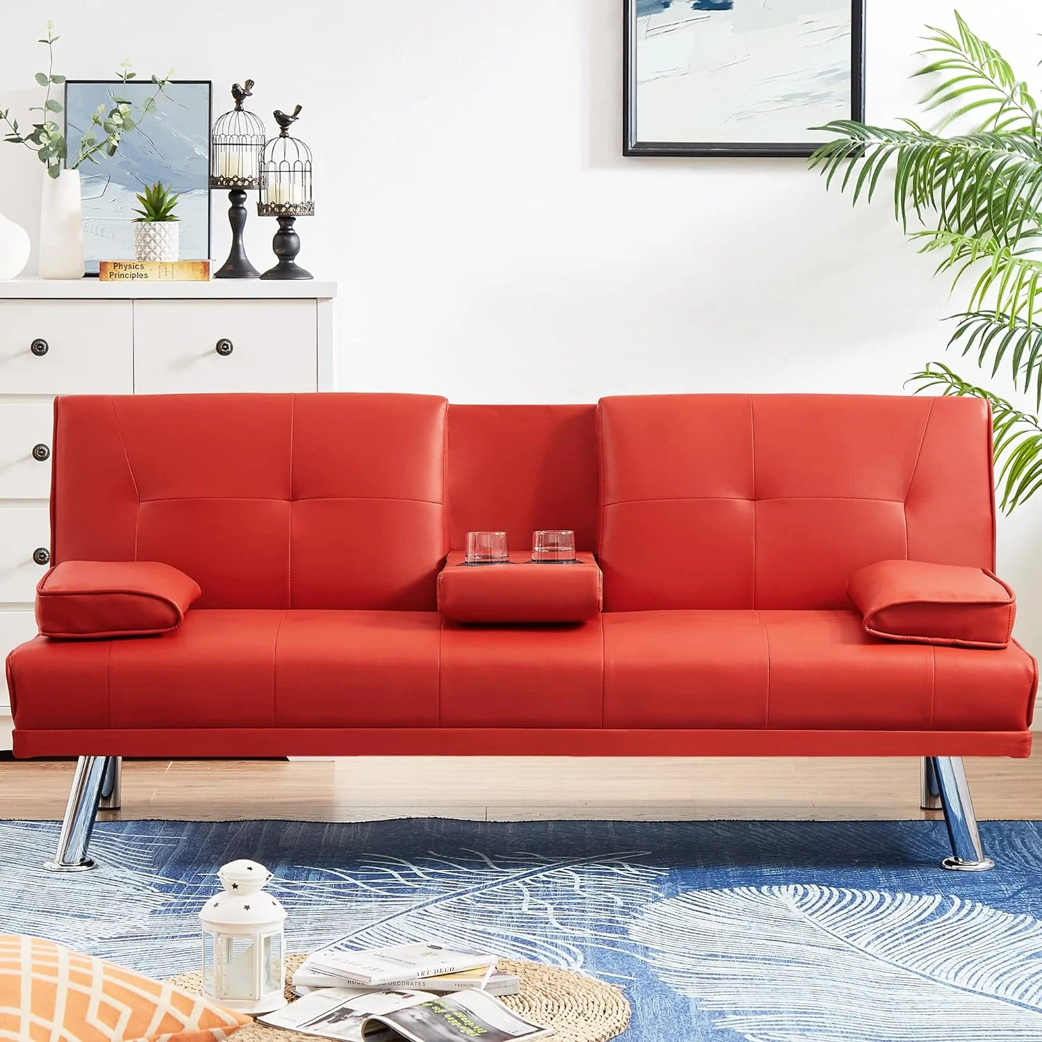 Glavbiku Modern Futon with Cup Holder and Pillows,Folding Sofa Bed for Living Room,Red