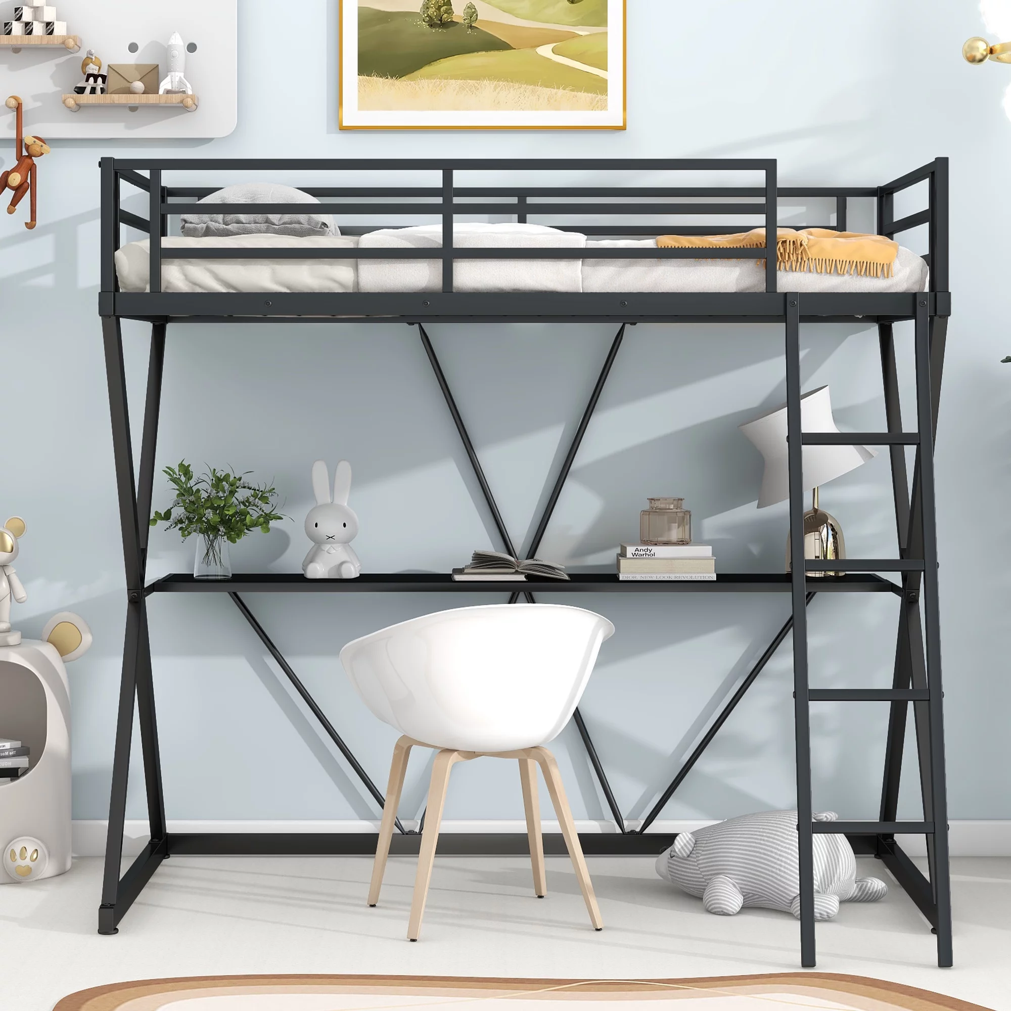 Twin Size Loft Bed with Desk, Ladder and Full-Length Guardrails, X-Shaped Frame, Black
