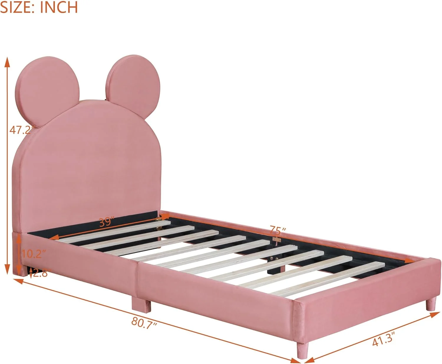 Size Velve Upholsered Plaform Bed Wih Bear Ear Shaped Headboard, Low Bed Frame For Bedroom,Pik