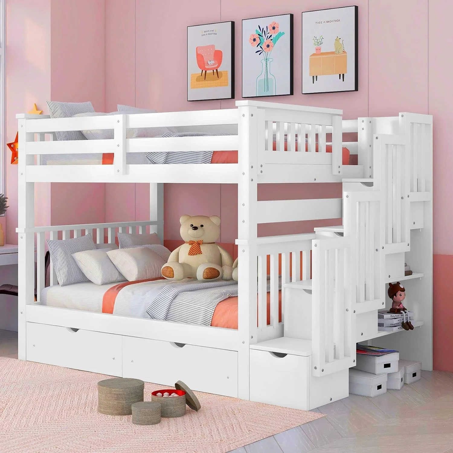 Full Over Full Bunk Beds With Storage Drawers And Stairway, Wood Bunk Bed Frame, Convertible Bunk Bed For Kids, Teens, Bedroom, Guest Room Furniture (White)