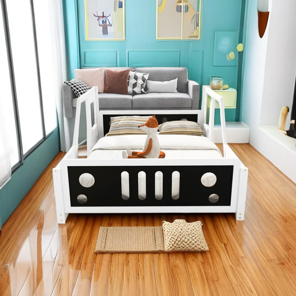 Full Size Kids Bed, Classic Car-Shaped Platform Bed with Wheels, Wood Car Bed Frame for Girls Boys, Creative Design for Kids, Easy to Assemble & No Spring Box Needed