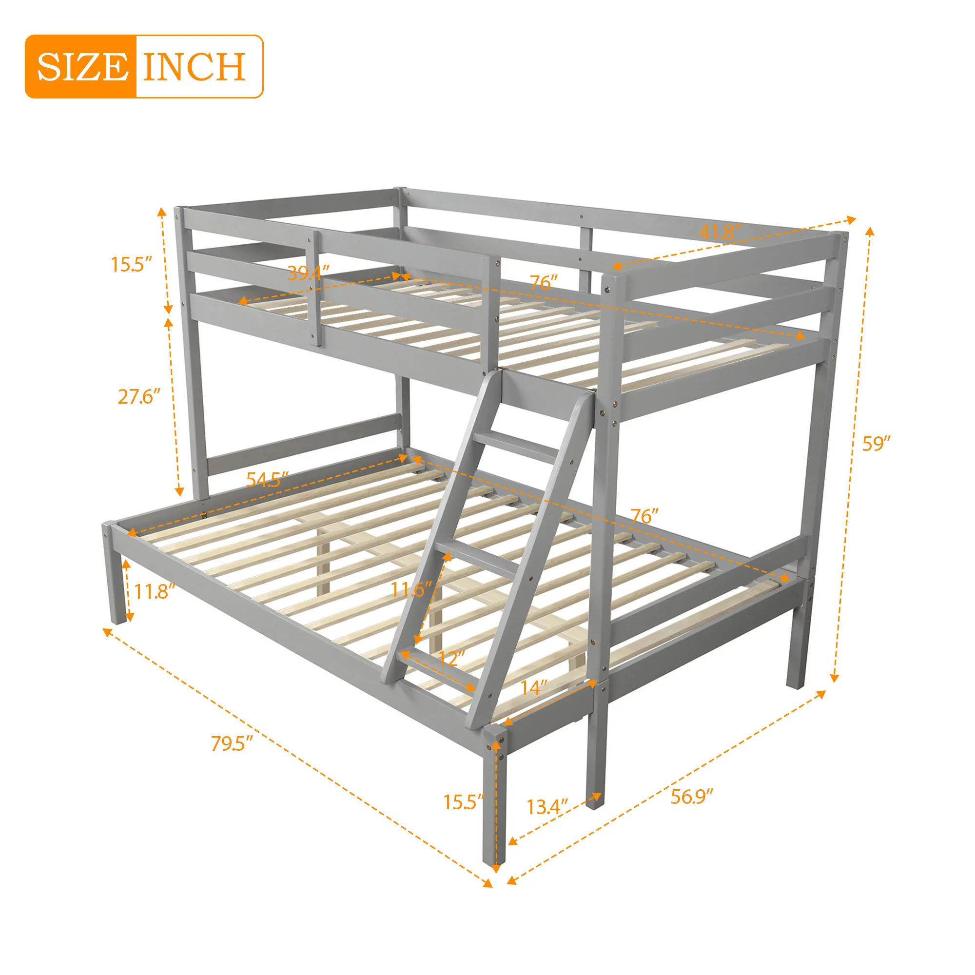 Churanty Twin Over Full Bunk Bed, Solid Wood Bunk Loft Bed Frame, Gray