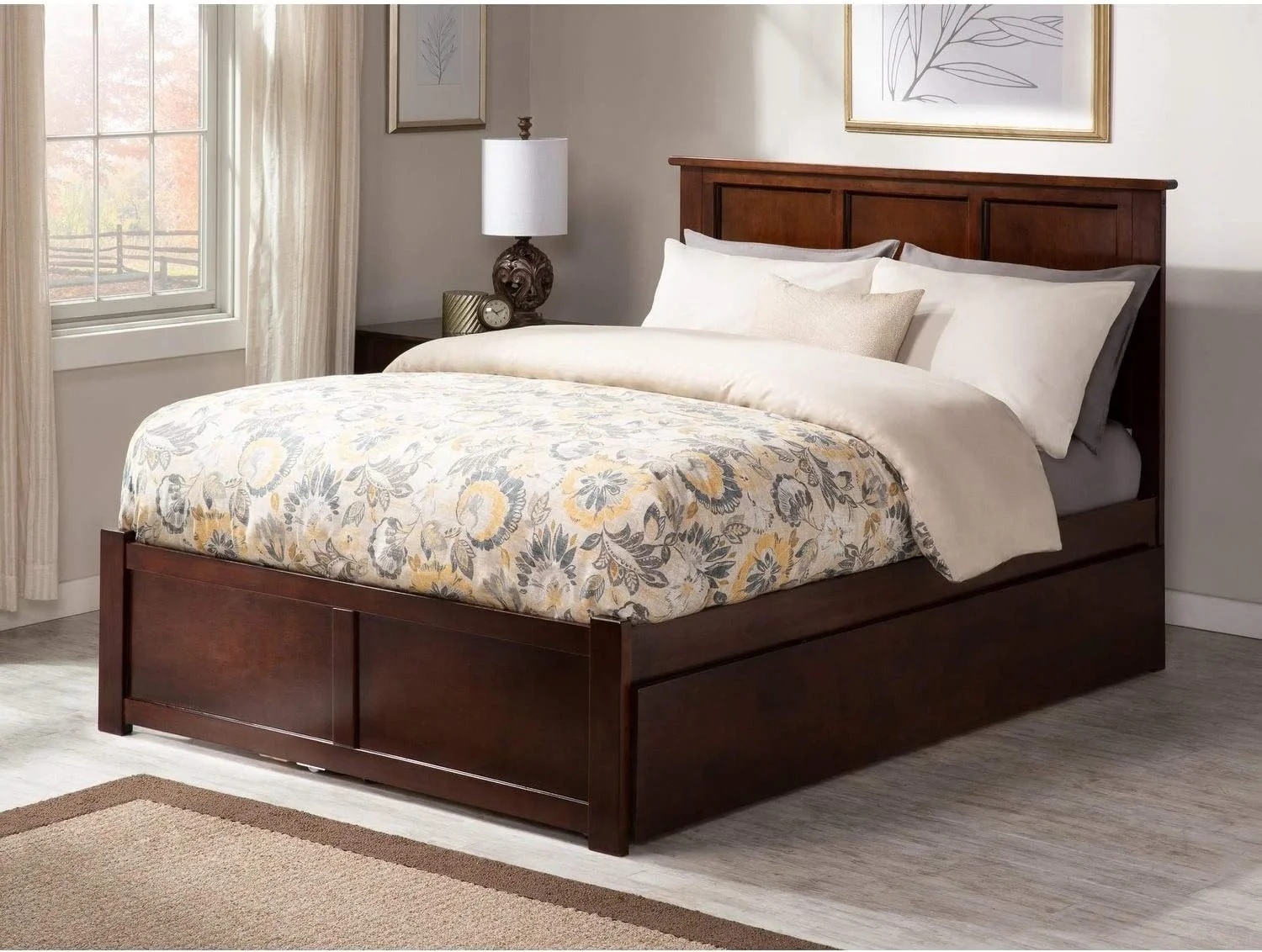 Madison Full Bed with Flat Panel Footboard and Urban Trundle in an Antique Walnut Finish