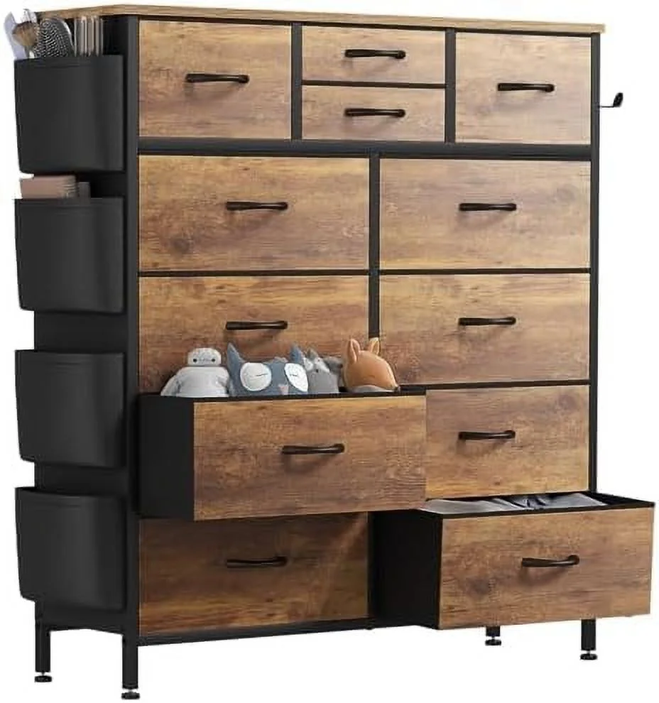 NLIBOOMLife Dresser for Bedroom Tall Dresser Fabric Tower with 12 Drawers Side Pockets for Closet Living Room Hallway (Rustic Brown)