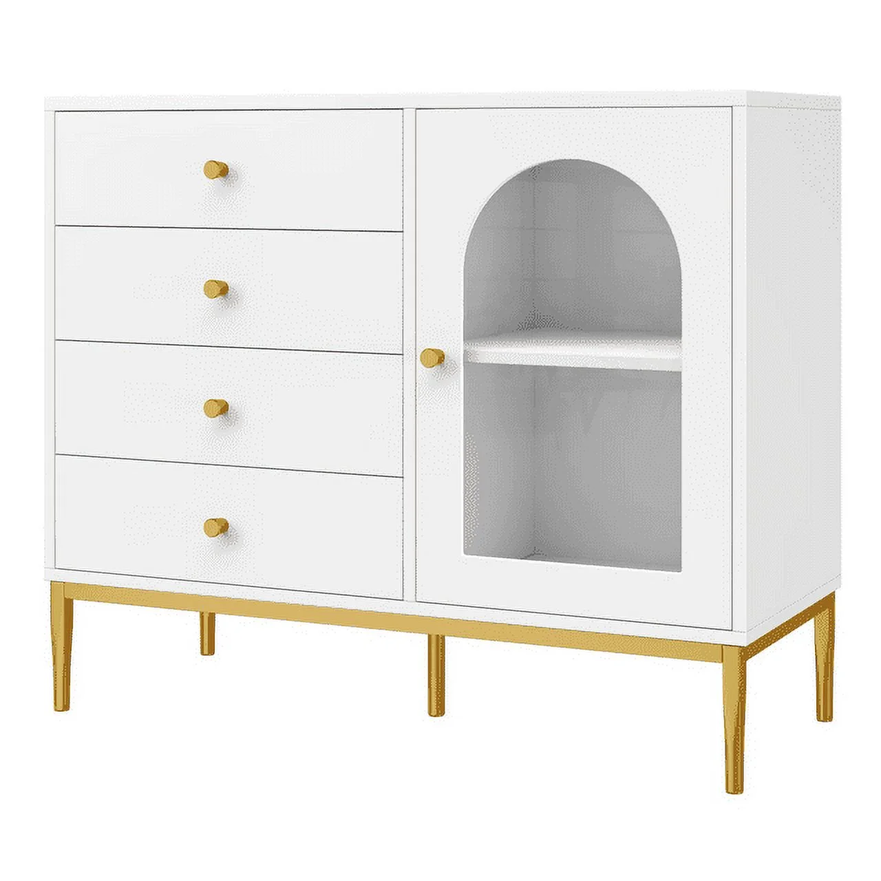Homfa 4 Drawer Storage Cabinet, Modern Wooden Cupboard with Glass for Living Room, White Finish