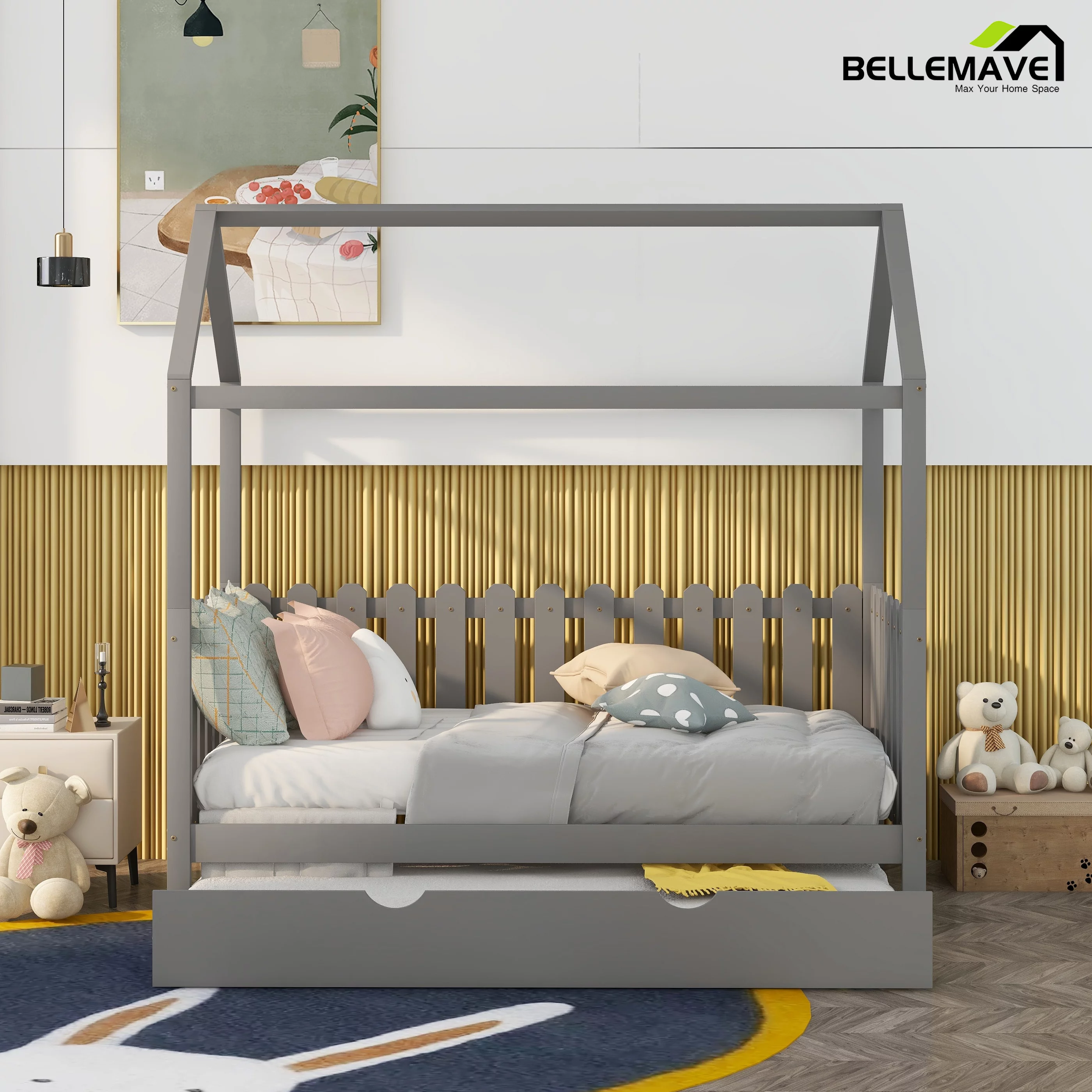 Bellemave Kids House Bed with Fence-shape Guardrails Safe Bed Twin Bed with Trundle Wood Bed Frame With Roof for Boys Girls Toddler, Gray