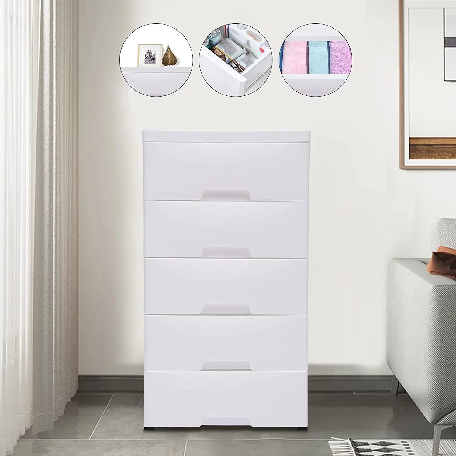 Fichiouy 5-Layer Plastic Dresser Clothes Toys Storage Cabinet with Removable Pulley for Unit Home Office Bedroom