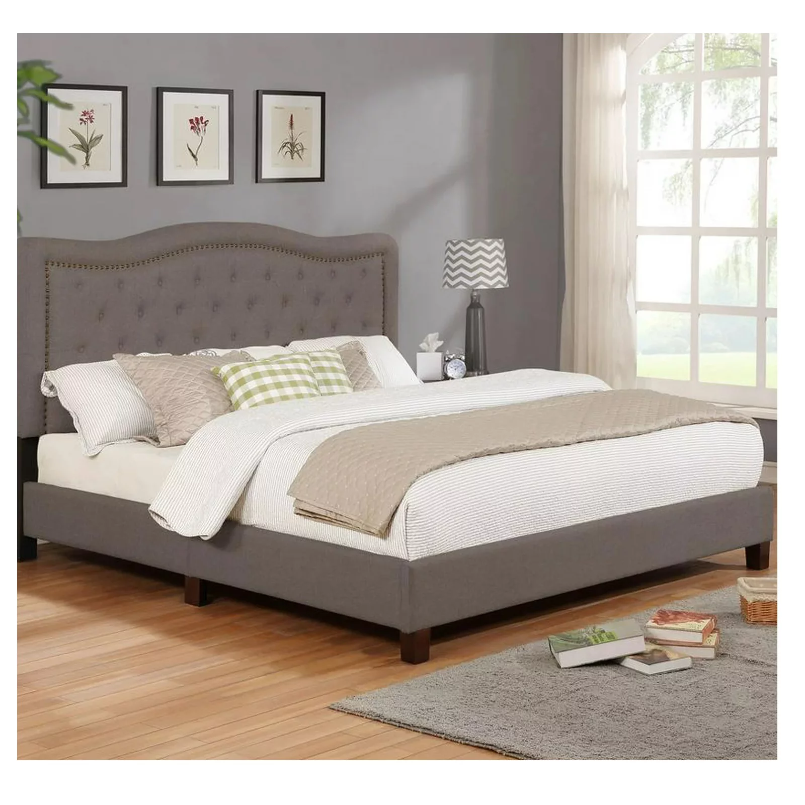 Leonel Signature Queen Size Upholstered Panel Bed, Wingback Platform Bed, Polyester Fabric Tufted Headboard Design, with Nailhead Trim, Brown